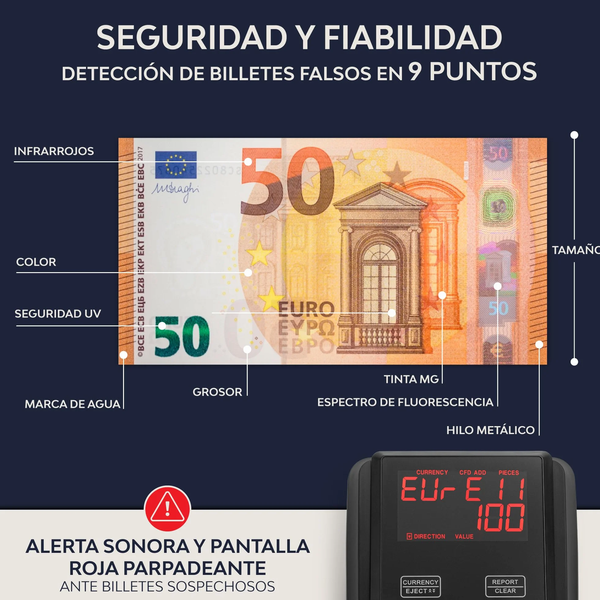 Detector de billetes falsos y contador de billetes 2 en 1 con pantalla táctil - Inserción uno a uno - Detector Billetes Falsos Euros, USD, GBP - Lector de mano compacto y liviano