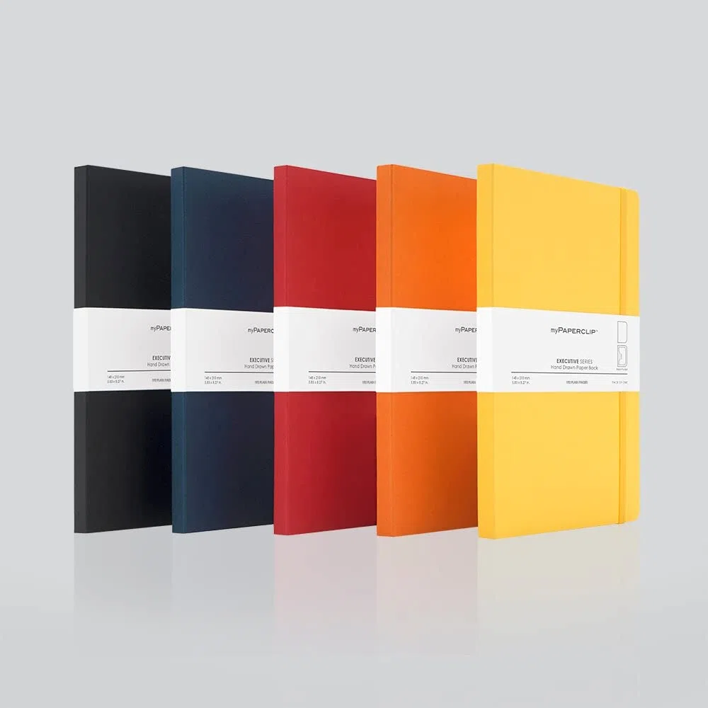 myPAPERCLIP Cuaderno de la serie ejecutiva, encuadernación con sección de hilo y parte trasera de papel dibujado a mano, cuaderno para regalo, cuaderno de papelería, A5, cuadros, 192 páginas, 80 g/m²,