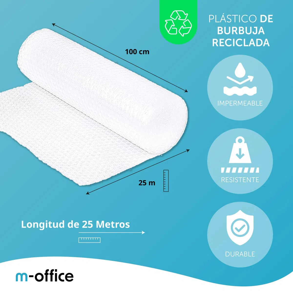 Rollo de Burbujas Reciclado m-office - Plástico para Embalar, Mudanzas, Embalajes y Cajas (100cmx25m, 10 unds)