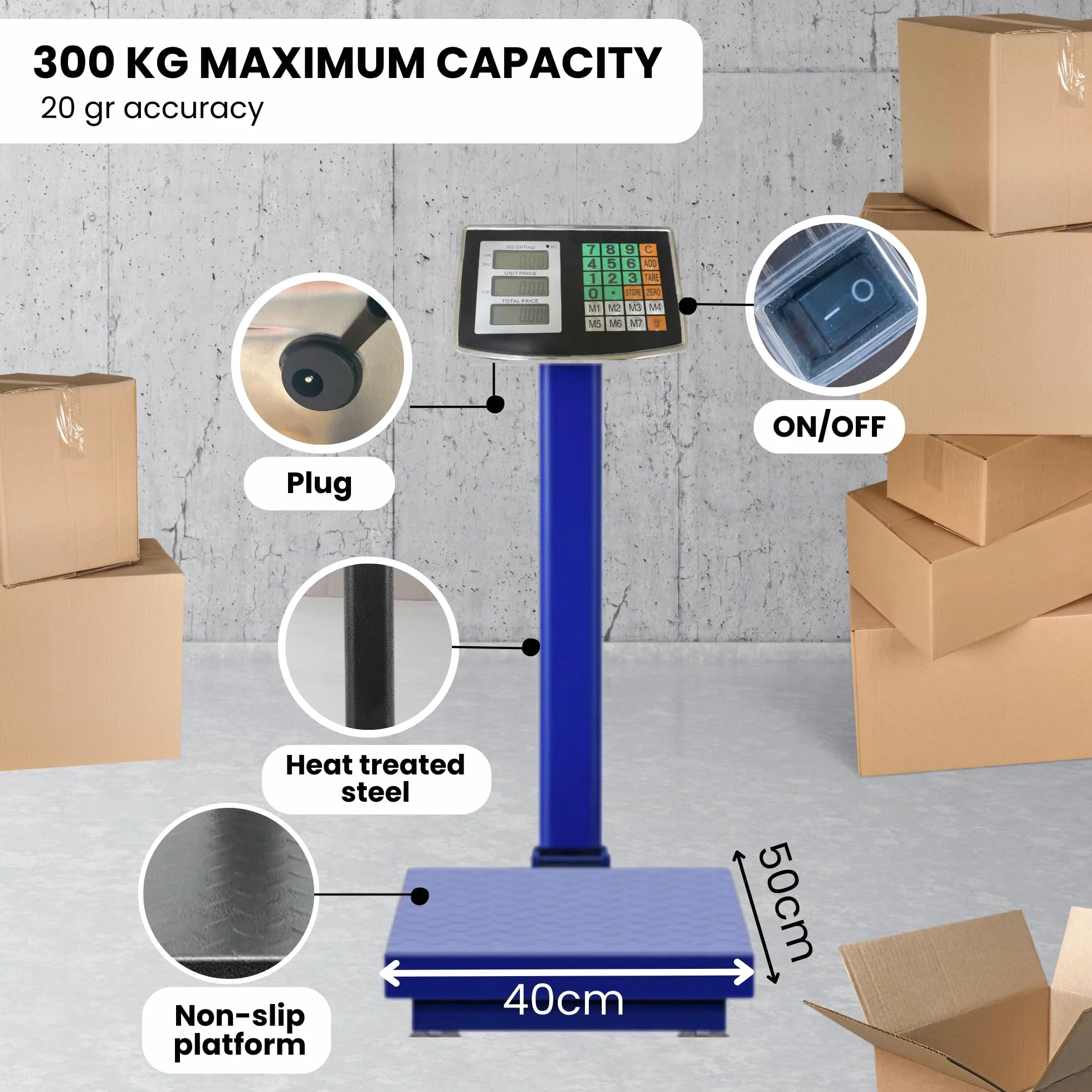Báscula Industrial de Plataforma 300 kg. Balanza Digital Plegable con Pantalla LCD. Plataforma de Acero. Báscula Profesional Multifuncional, Perfecta para Paquetería, Almacenes, Comercios.