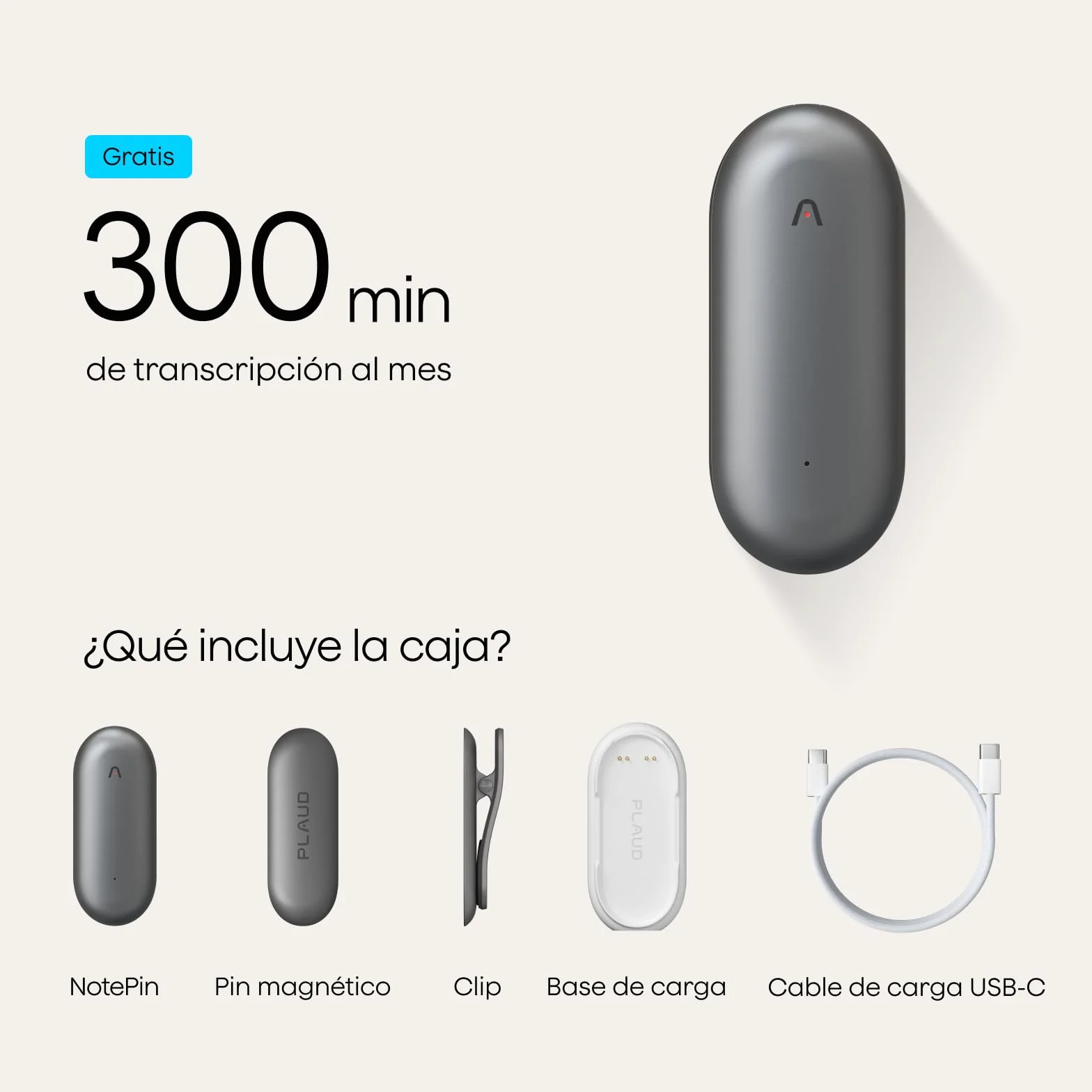 Plaud NotePin Grabadora de Voz con IA, 64 GB, 112 Idiomas, Gris Cósmico