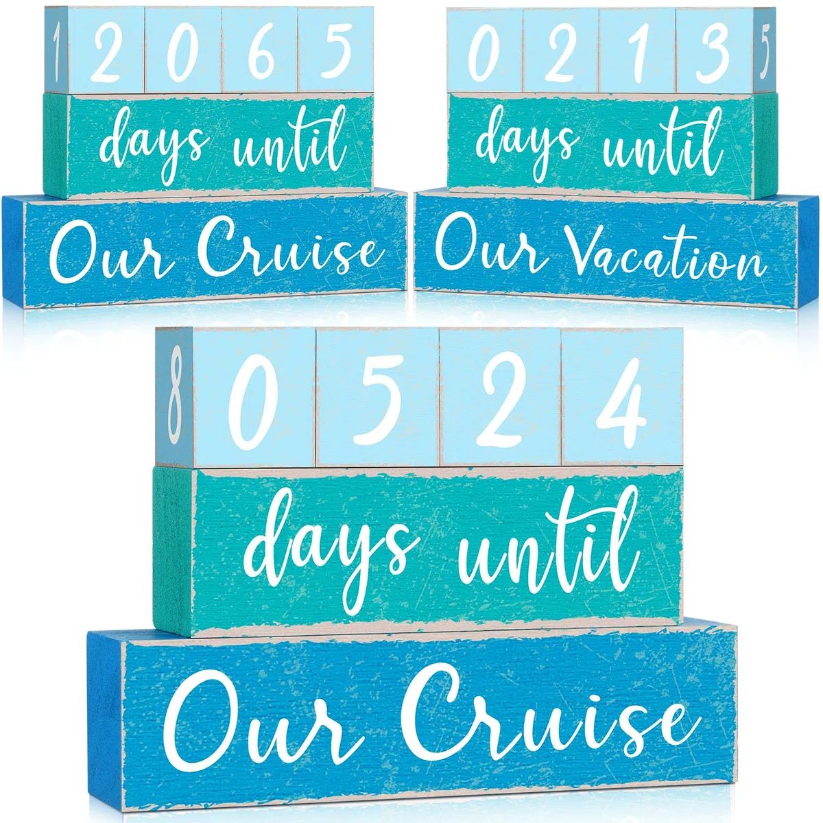 Lineshading 5 bloques de calendario de cuenta regresiva de madera de 65 días, calendario reversible de cuenta regresiva, bloques de calendario oceánico para decoración de aniversario, fiesta de