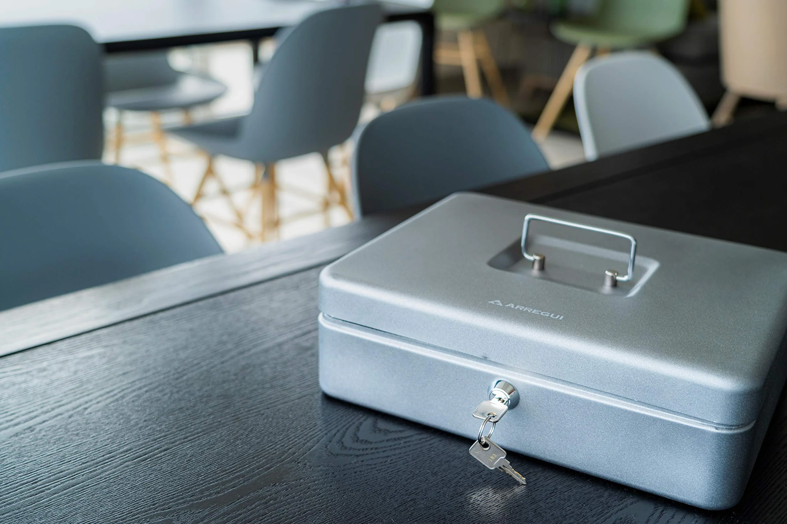 Arregui, Cashier C9246-EUR Caja Caudales con Llave para Contar y Transportar Dinero, Caja de Seguridad de acero con bandeja organizador de Monedas y Billetes, Caja fuerte portatil, Gris grafito