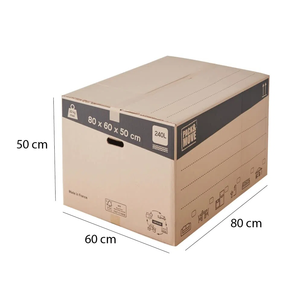 Pack de cajas de cartón para mudanza XXL 240L - 80x60x50 cm - certificados FSC 70% - Pack and Move (30)