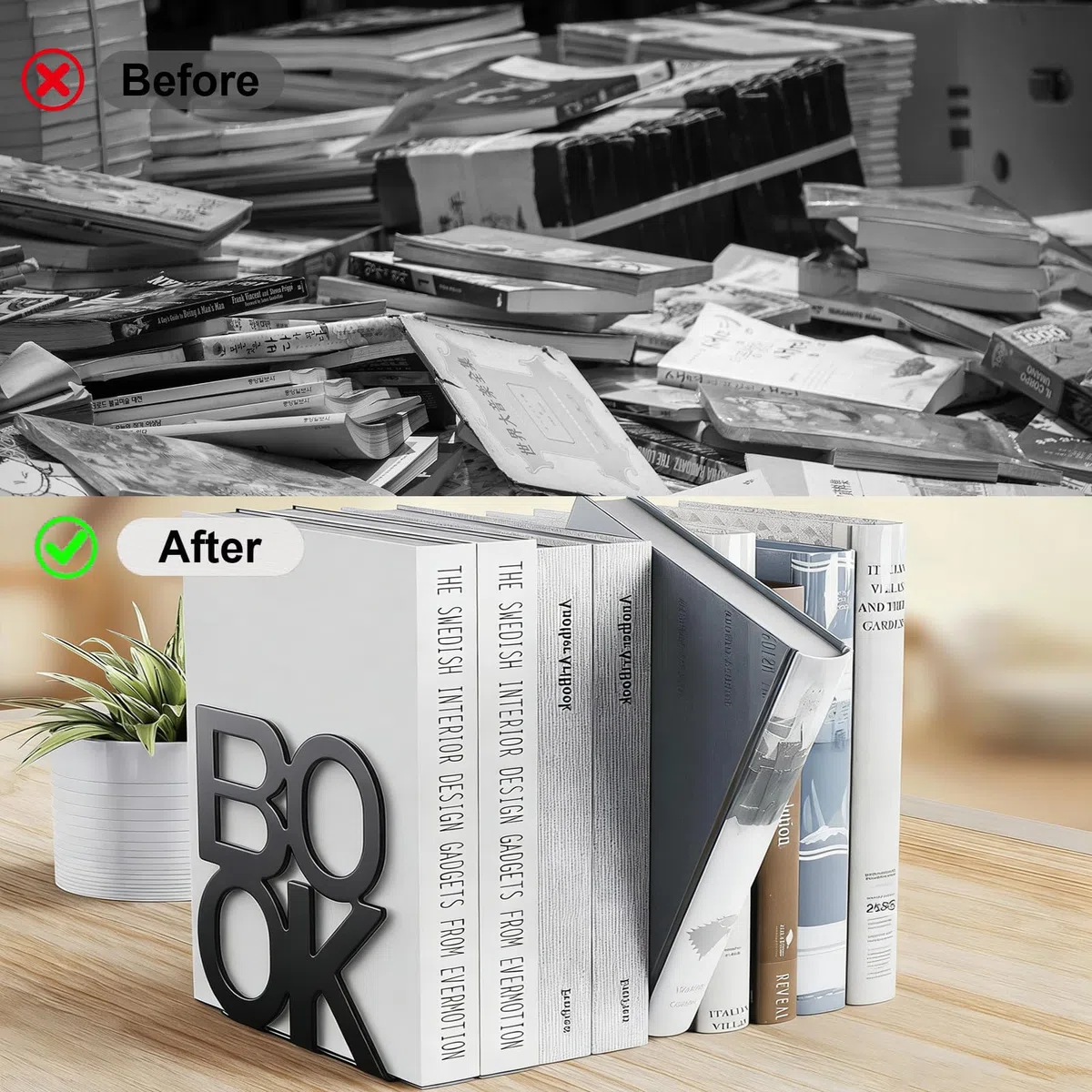 4 Pare Sujetalibros de Metal Sujeta Libros Estanteria Metálicos Antideslizantes Soporte Libros Estante Organizador Libros para Hogar Oficina Escuelas Biblioteca (Negro)