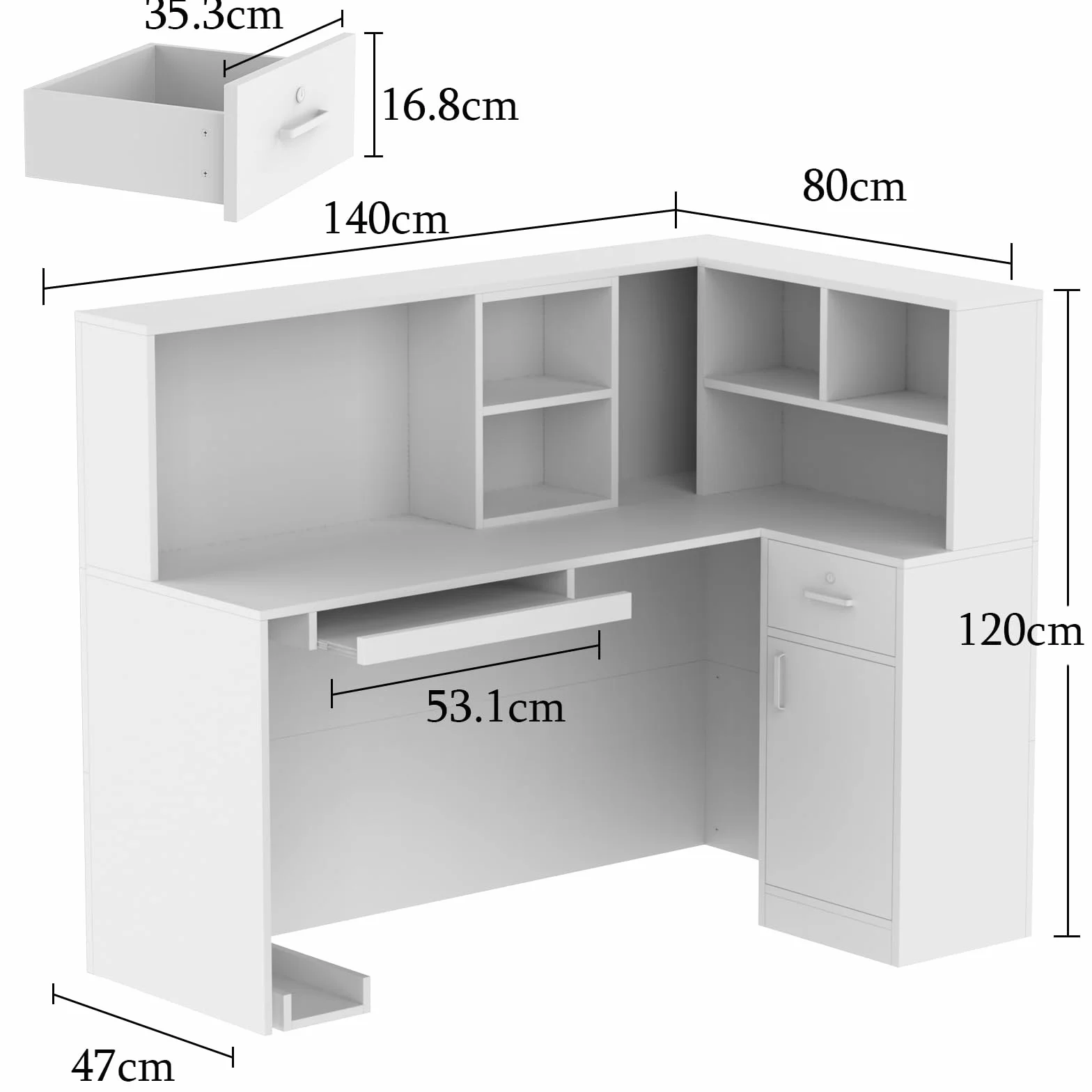 Mesa de Oficina con Bandeja para Ordenador, 80 x 140 x 120 cm, Blanco, MDF