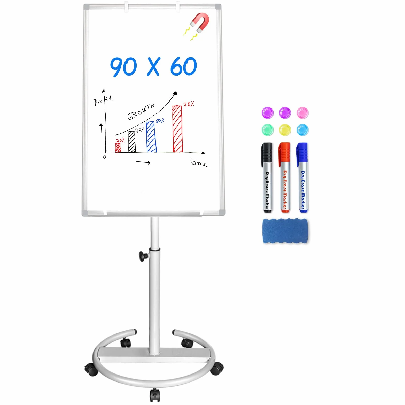 maxtek Pizarra Blanca Con Soporte, 90 X 60 cm Pizarra Caballete, Papel Para Rotafolio MóVil Con Gancho, MagnéTico Para Escribir, Altura Ajustable, 1 Borrador, 3 Marcadores Y 6 Imanes