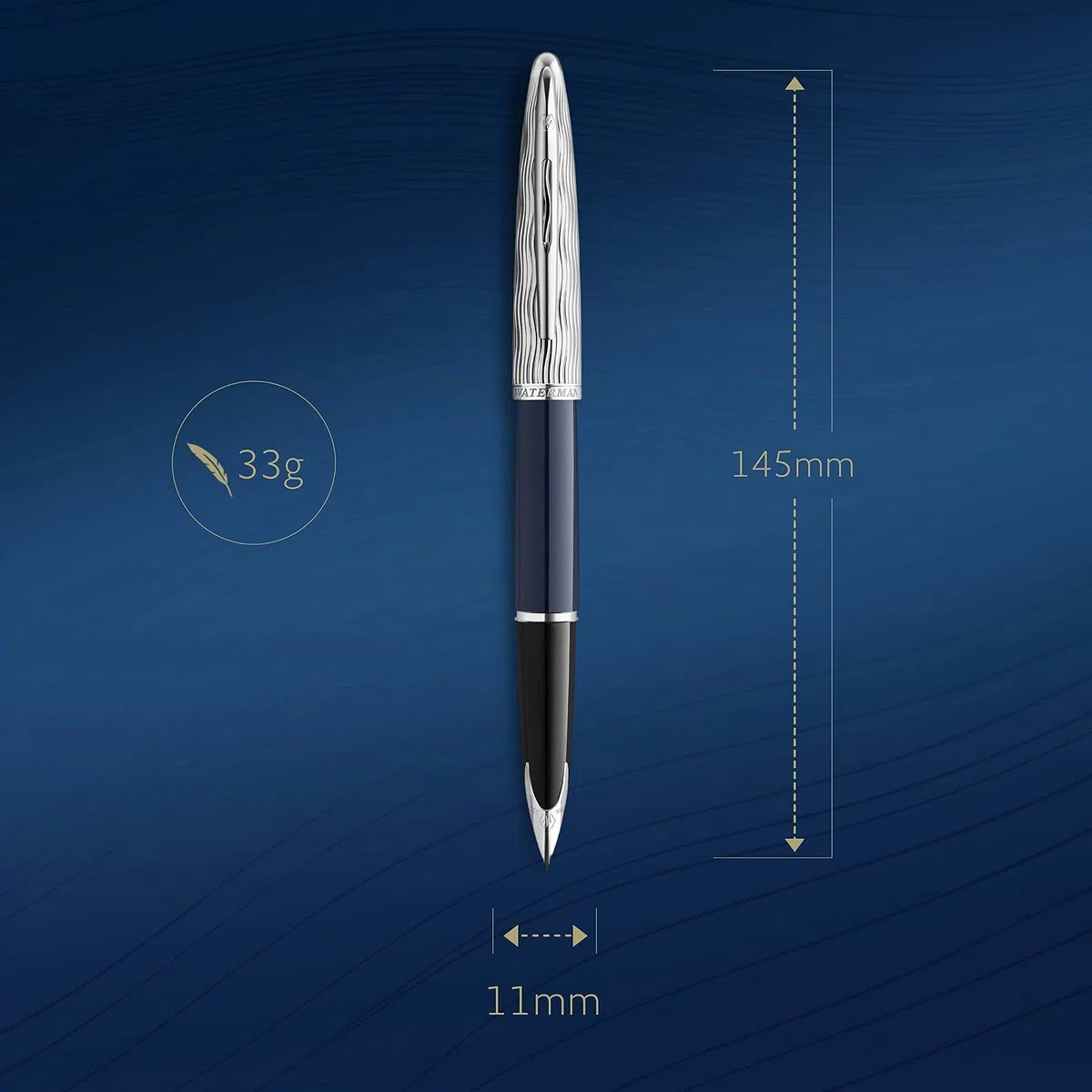 Waterman Carène pluma estilográfica | Metalizada y lacada en azul | Capuchón labrado | Plumín mediano de 18 K | Tinta azul | Estuche de regalo