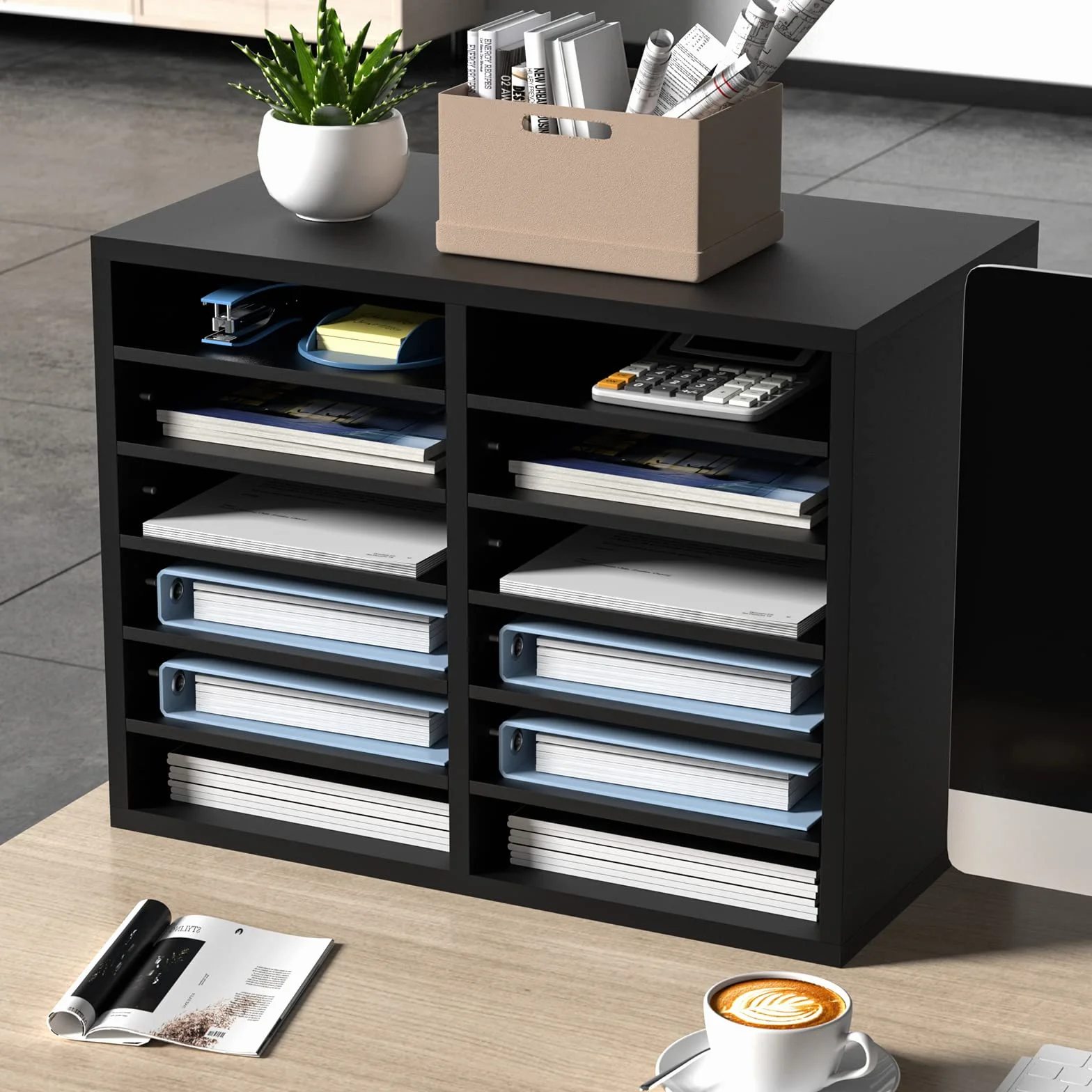 VEVOR Organizador de Literatura de madera Aglomerado Estante de Almacenamiento de Documentos de 12 Compartimentos 52x30,5x41 cm Clasificador de Literatura con Estantes Ajustables para Oficina, Negro
