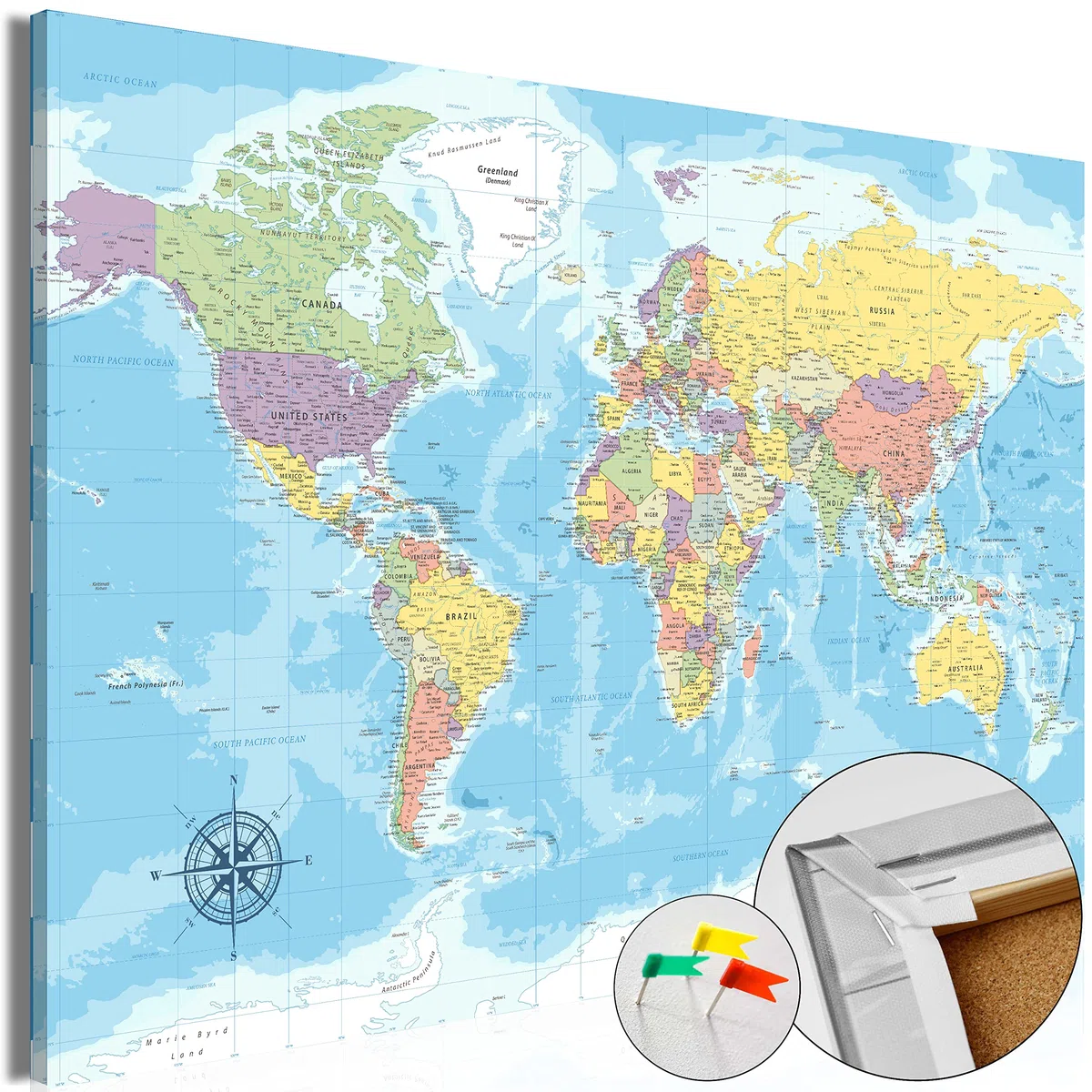murando Tablero De Corcho & Cuadro en Lienzo 120x80 cm No Tejido XXL Estampado Memoboard Decoración De Pared Impresión Artística Fotografía Gráfica Poster Mapamundi Continente k-C-0128-p-a