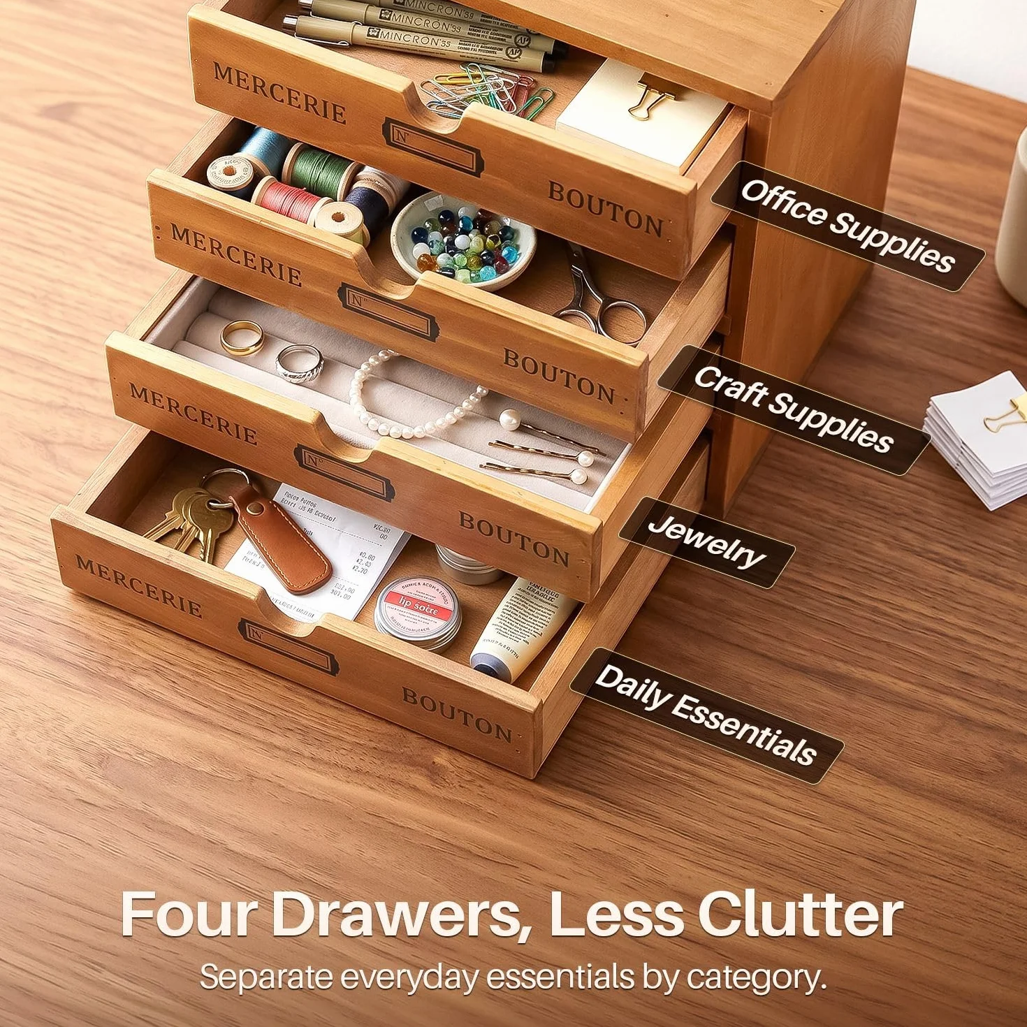 Flexzion Organizador de escritorio de madera con 4 cajones, gabinete de mesa de 4 niveles