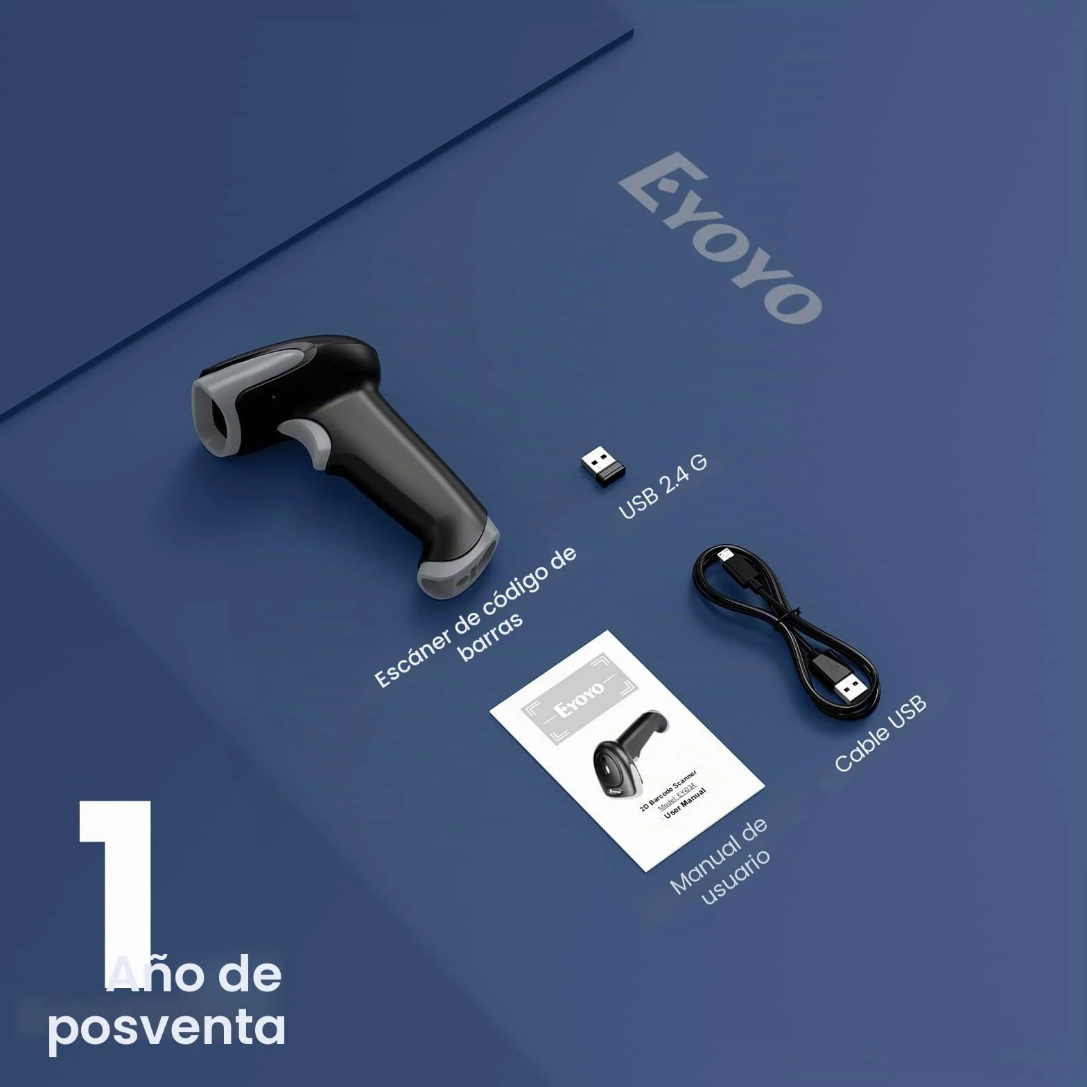 Eyoyo Lector de Códigos de Barras Inalambrico, Bluetooth, 2.4G Wireless, Cable USB 3 en 1 Conexión, Escaner Codigo de Barras 2D 1D Portátil 2500 mAh, Lector QR para Phone, Laptop, Tablet, iOS, Android