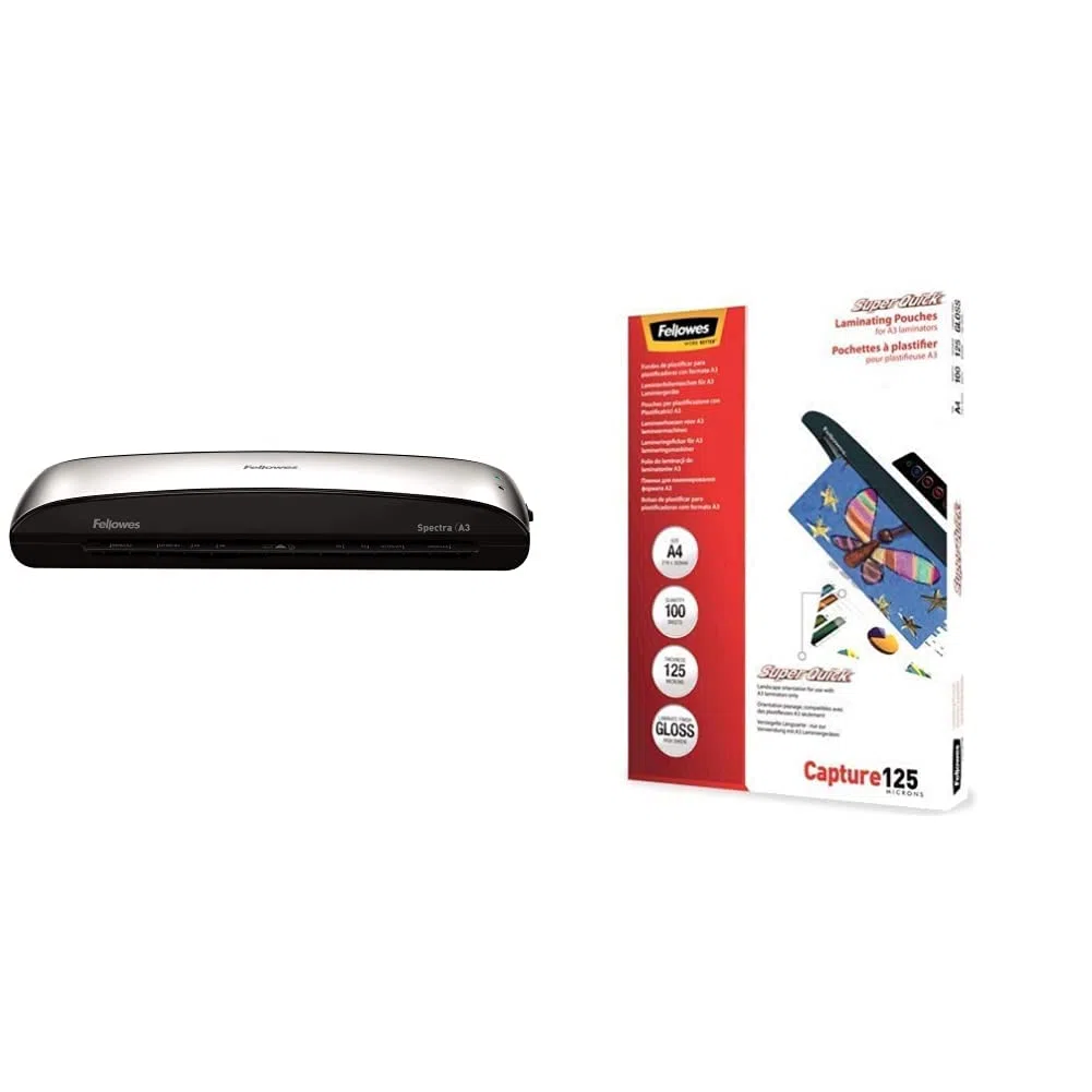 Fellowes Spectra A3 Plastificadora de Documentos, Uso moderado, Negro y Plateado + ImageLast Pack 100 Fundas de plastificar, Formato A4, 125 micras