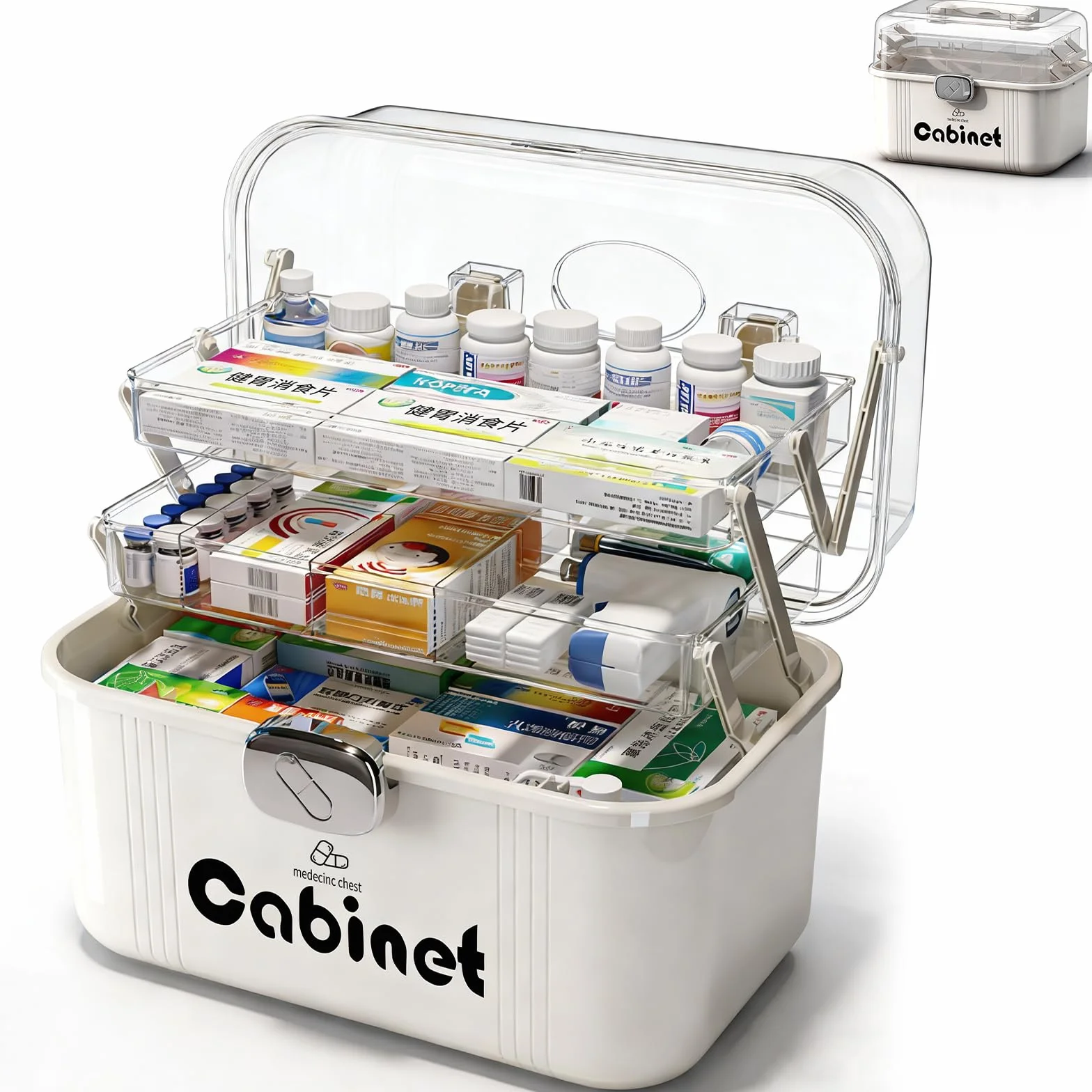 Caja Medicamentos & Medicine Organizer – Caja Almacenaje Plástico 3 Niveles con Asa, Gran Capacidad para Hogar, Viajes, Uso Diario (31.5 x 22.5 x 21.5 cm)