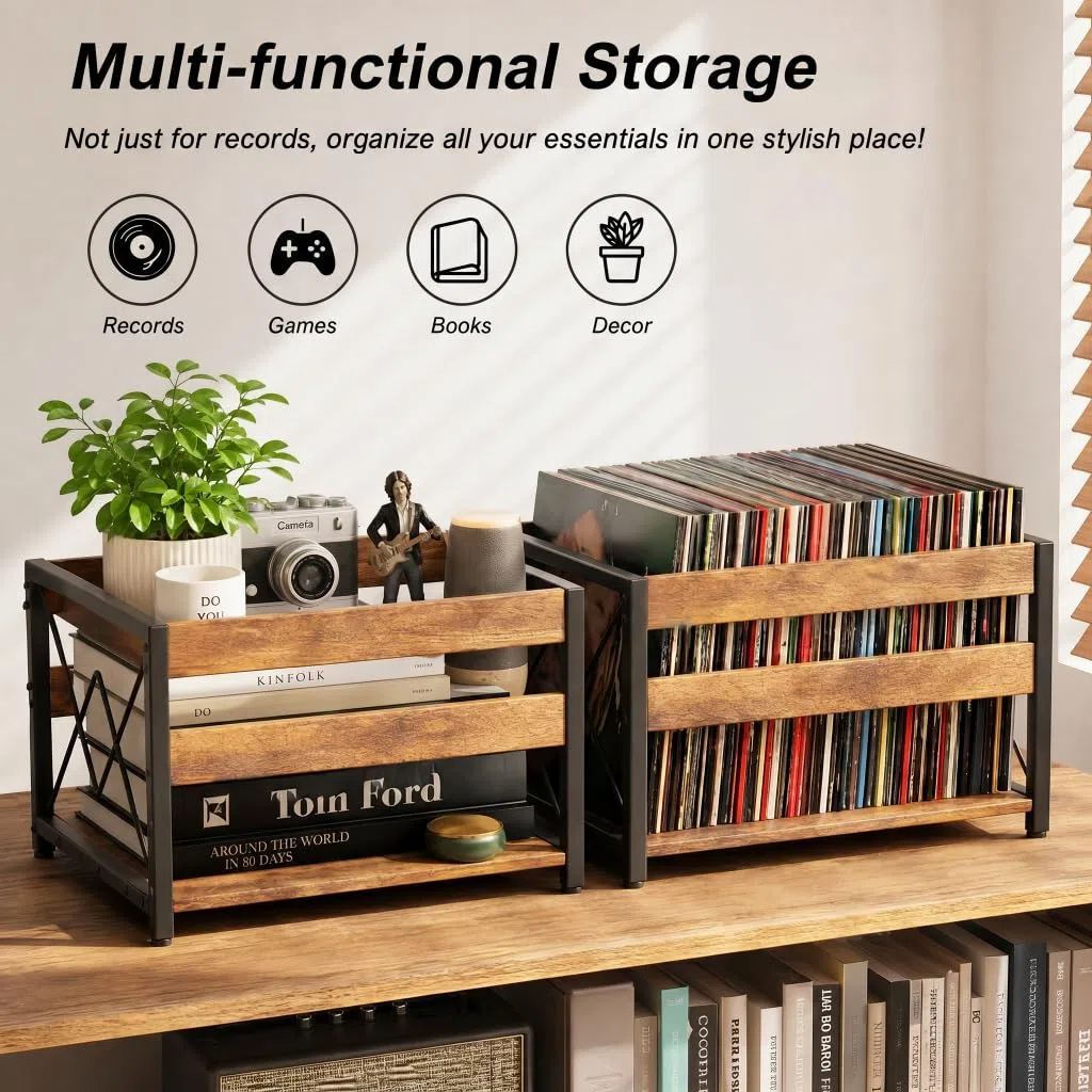 HFHOME Caja de almacenamiento de discos de vinilo, caja de almacenamiento de madera, organizador de estantes de CD de cubo clásico, capacidad para hasta 100 registros, revistero para escritorio, hogar
