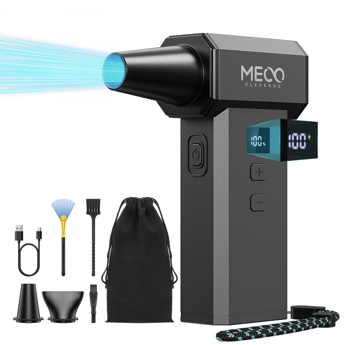 MECO ELEVERDE Soplador de Polvo Eléctrico, 220.000 RPM 100 Velocidades y Pantalla LED Mini Aire Comprimido Inalámbrico Portátil con Batteria 4000mAh*2, Air Duster Potente para Limpieza PC y Hogar