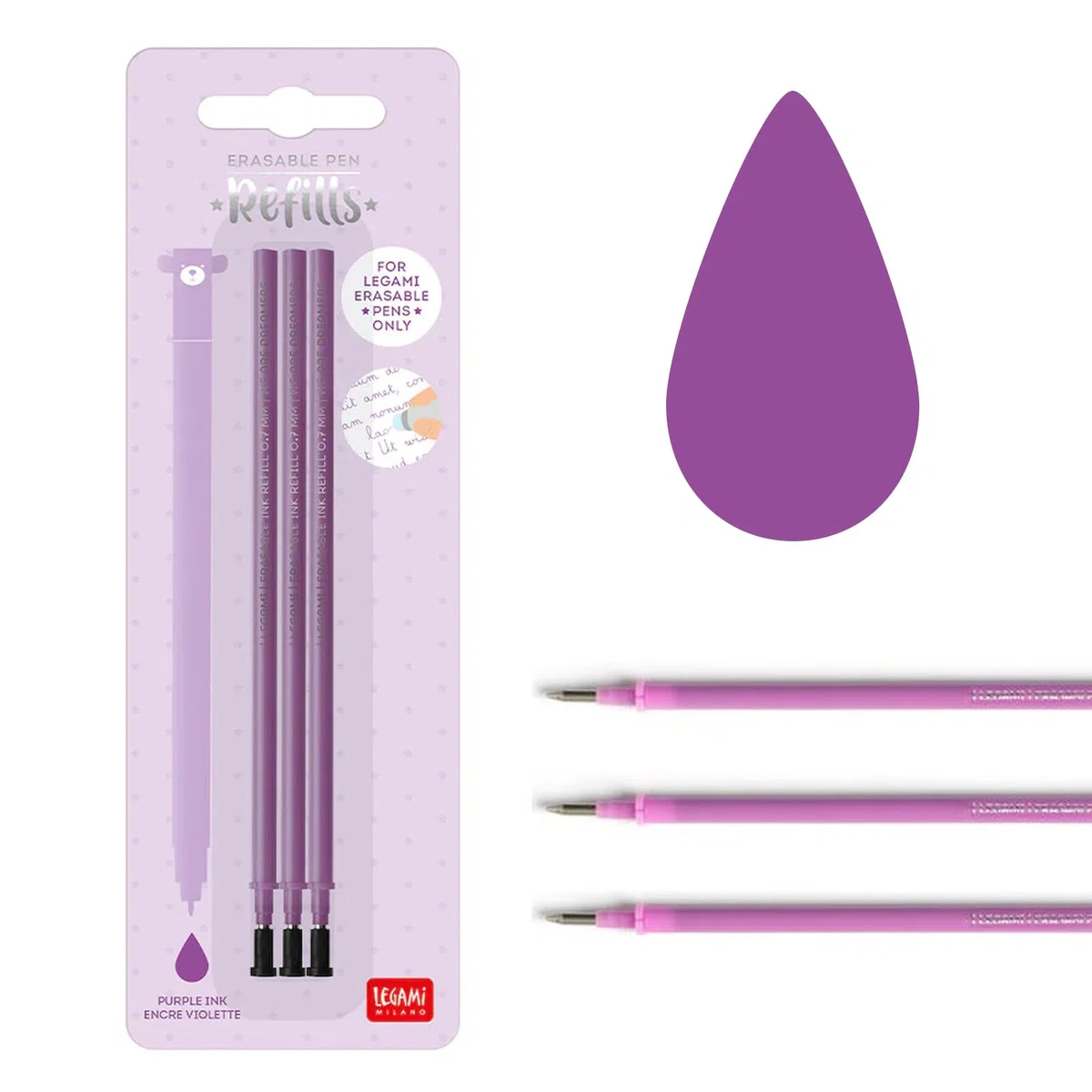 Legami - Recambios de gel para bolígrafos de gel borrable con sobre Tinte Ink (negro, azul, morado y turquesa)