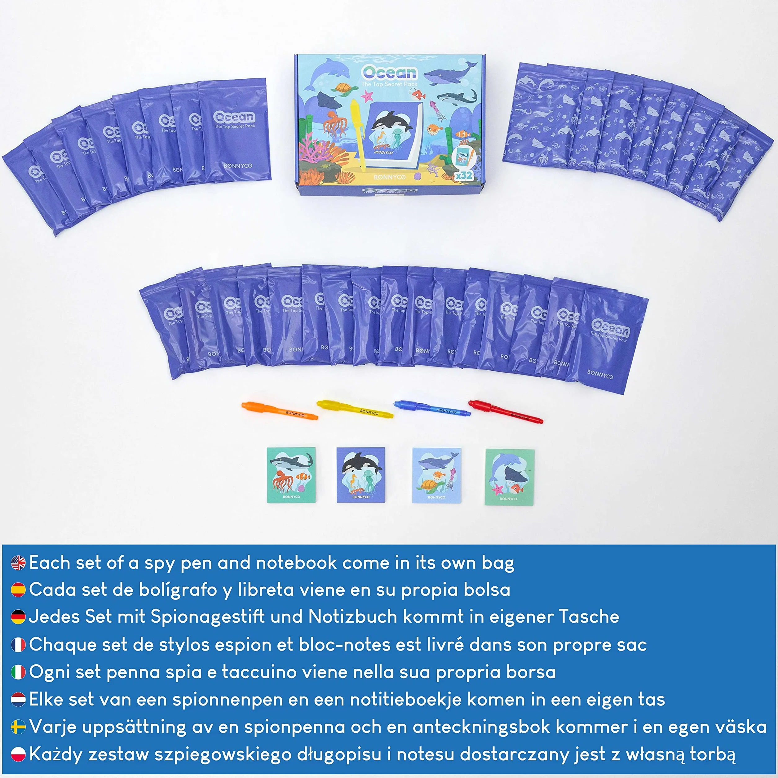 BONNYCO Boligrafo Tinta Invisible y Libreta de Animales Oceano, Pack de 32 Regalos Cumpleaños Niños Colegio. Detalles Cumpleaños Niños, Relleno Piñata. Regalos Alumnos Primaria Fiesta Infantil