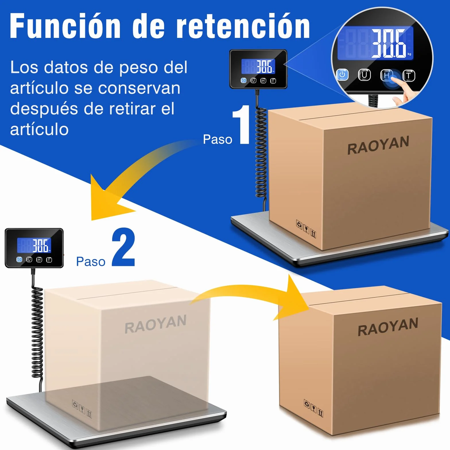 Báscula Digital 300kg Alta Precisión 20g, Báscula Industrial y Comercial con Pantalla LCD, Función Tara y Hold, Alimentación USB Recargable y Pilas, para Envíos, Paquetería y Uso Doméstico