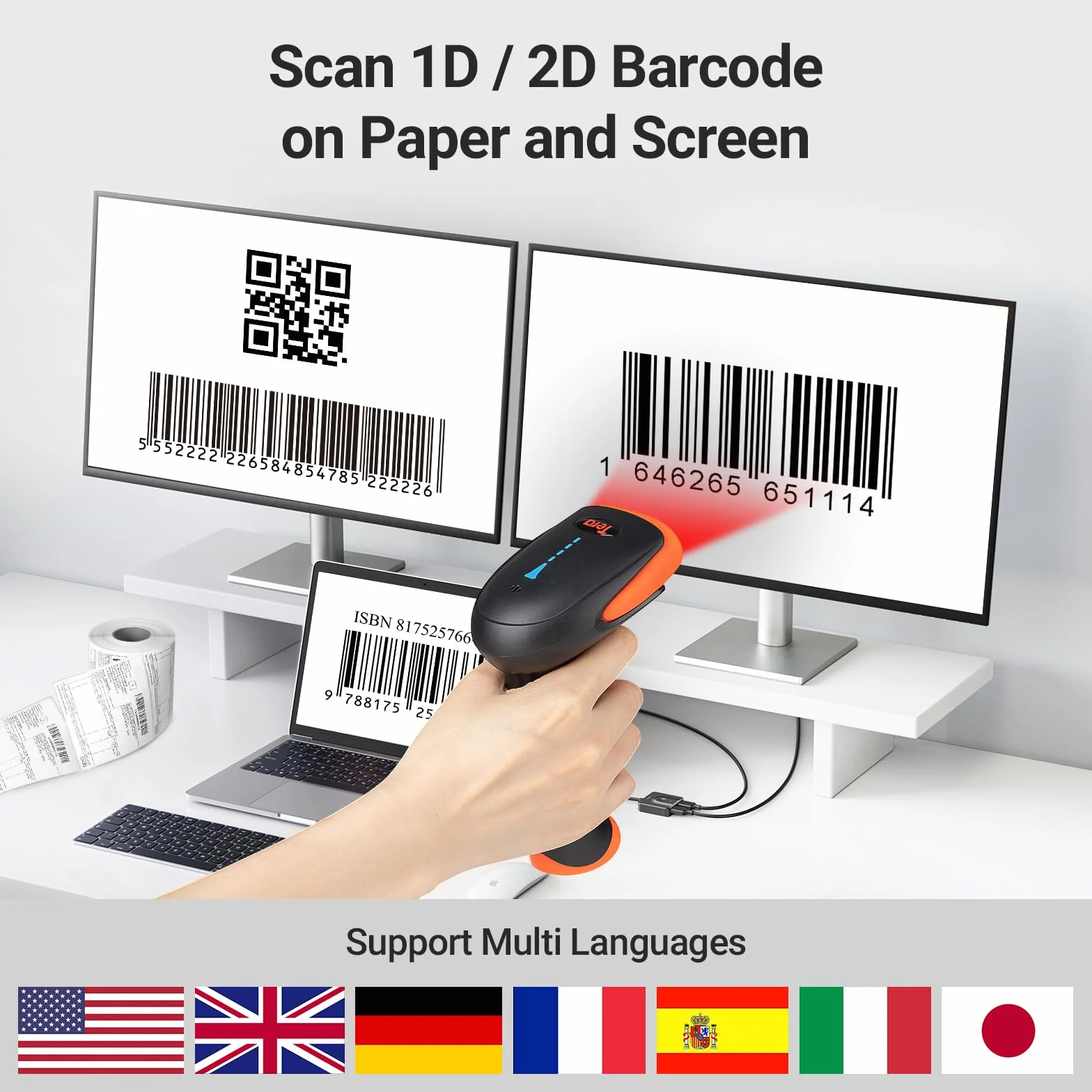 Tera Pro Escáner de Código de Barras Inalámbrico Lector de Código Barras Omnidireccional Bluetooth USB 1D 2D QR Digital Compacto, HW0002 Naranja