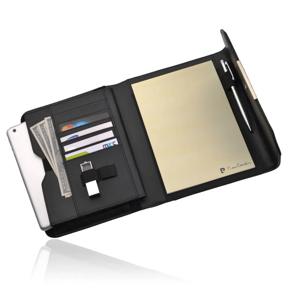 Pierre Cardin Funda de piel auténtica A5 con bloc de escritura, carpeta de documentos y tabletas de hasta 20.3 cm, iPad Pro Small Air Galaxy Tabs, carpeta de negocios de cuero Landes