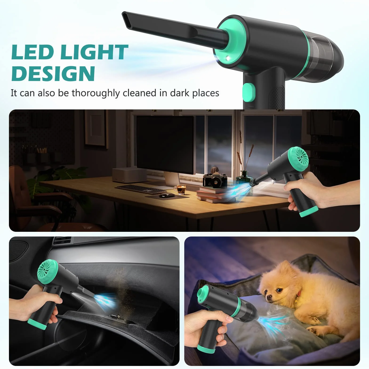 EVARYOO Soplador de Polvo Eléctrico y Mini Aspirador 2 en 1, 3 velocidades,90000RPM, 12Kpa, 7000mAh, con LED,Aire Comprimido Limpieza PC Sin Cable para computadora,Sofá,Mascotas,Automóvil