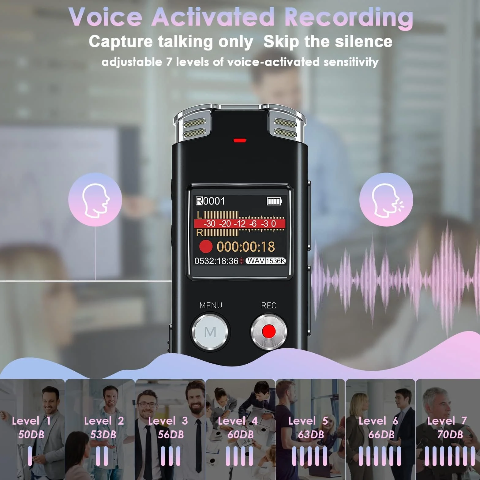 EVISTR Grabadora de Voz Digital 64GB con Activación por Voz y Reproducción MP3