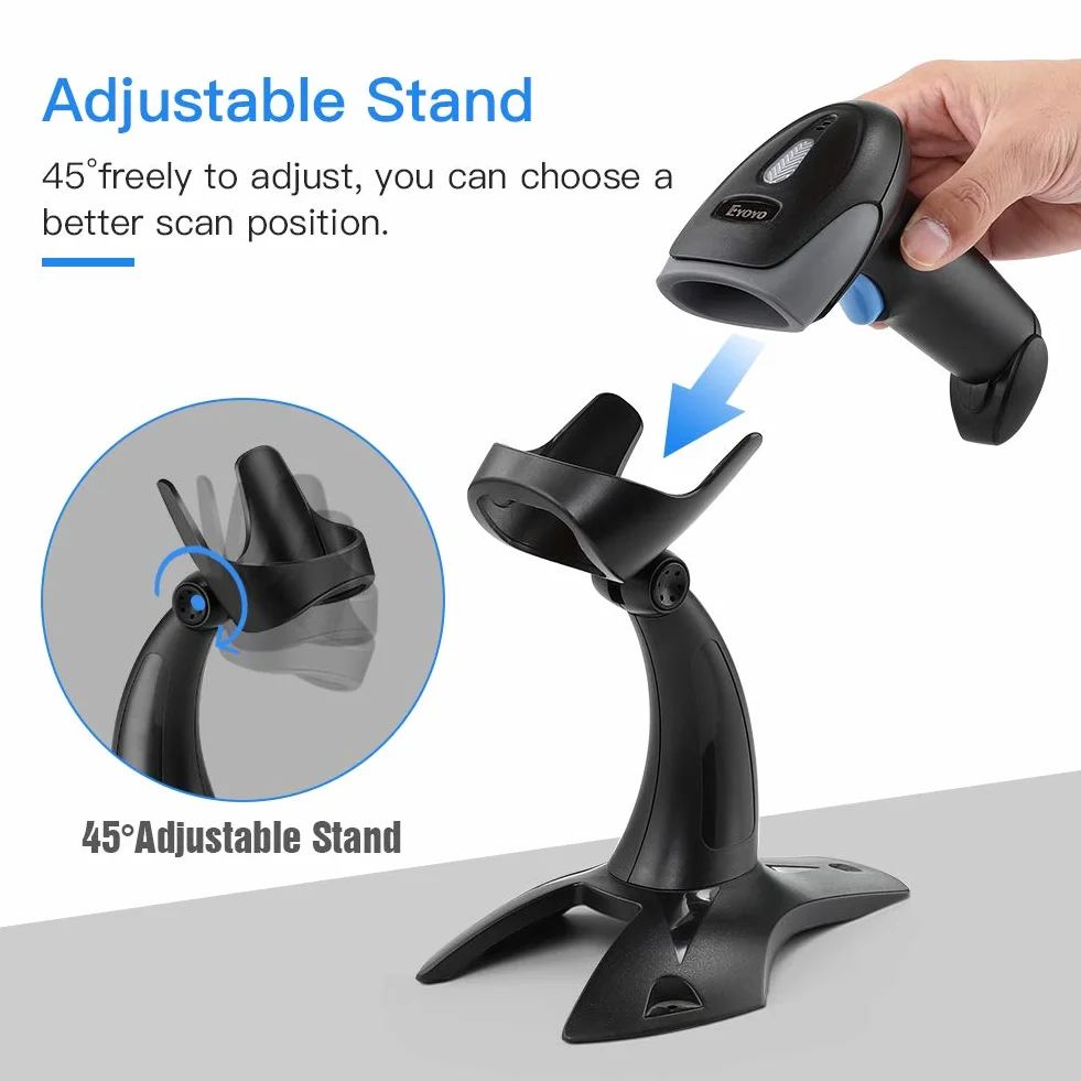 Eyoyo Escáner de códigos de Barras 1D 2D QR con Soporte, escáner de Cable USB portátil para gestión de inventarios, código de Barras portátil/Lector de códigos QR, escáner de detección automática
