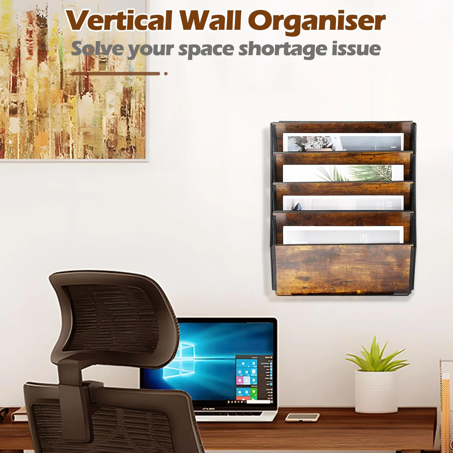 TQVAI 5 Compartimentos Metálica Madera Revistero Pared Documentos Organizador Papeles A4 Colgante Oficina Archivador de Organizador Herramientas Pared, Negro/Antiguo