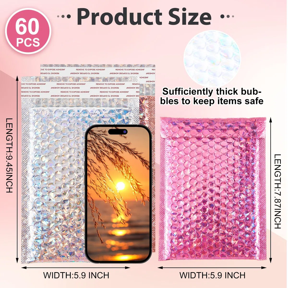 60 sobres holográficos de burbujas de 6 x 9.5 pulgadas, sobres metálicos de burbujas, impermeables, autosellantes, gruesos, acolchados para maquillaje, joyas, embalaje de pequeñas empresas, plata