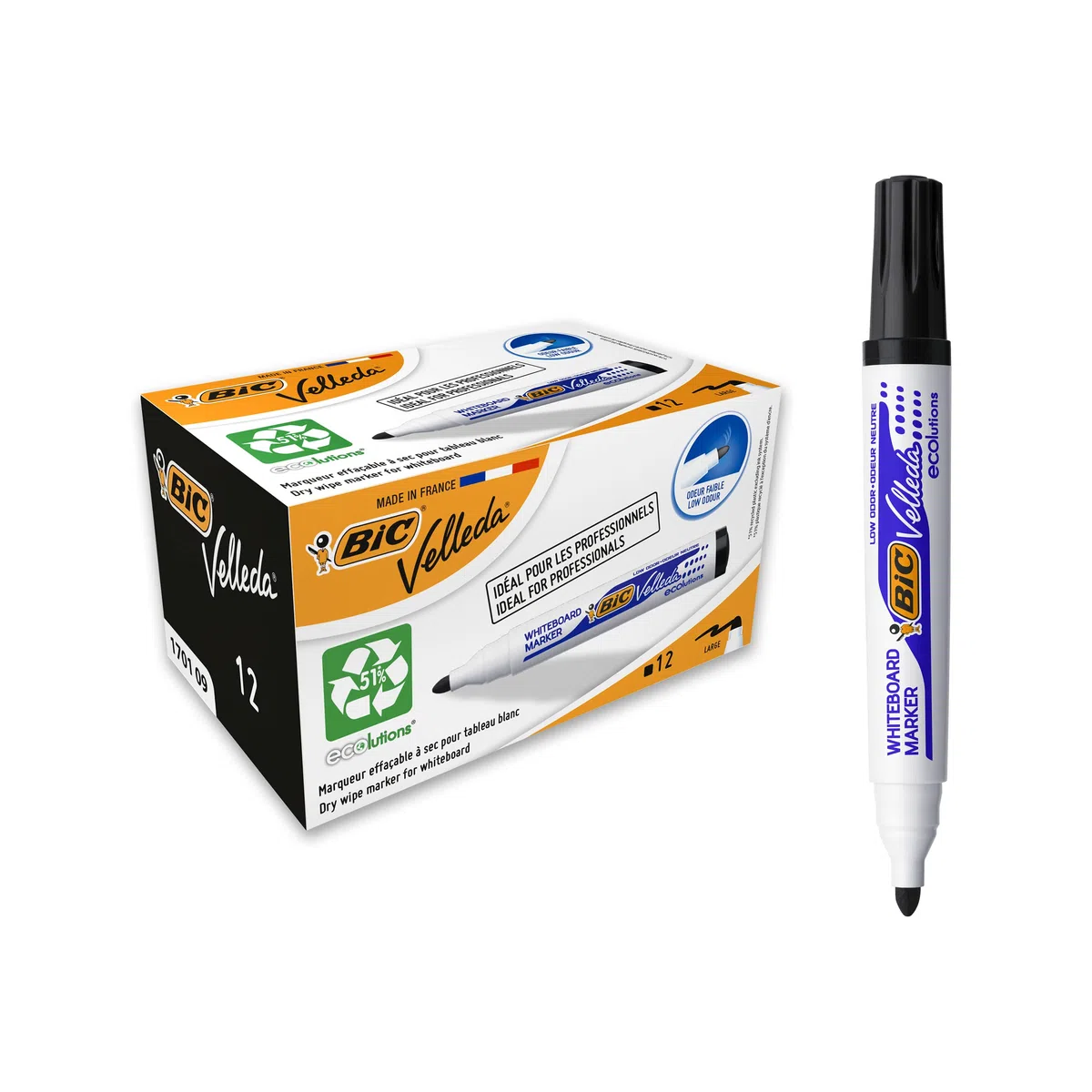 BIC Cristal Original - Bolígrafos de punta media (1.0 mm), Caja de 150 unidades, Azul & Velleda Marking Rotuladores para pizarra blanca, Óptimo para material escolar y de oficina