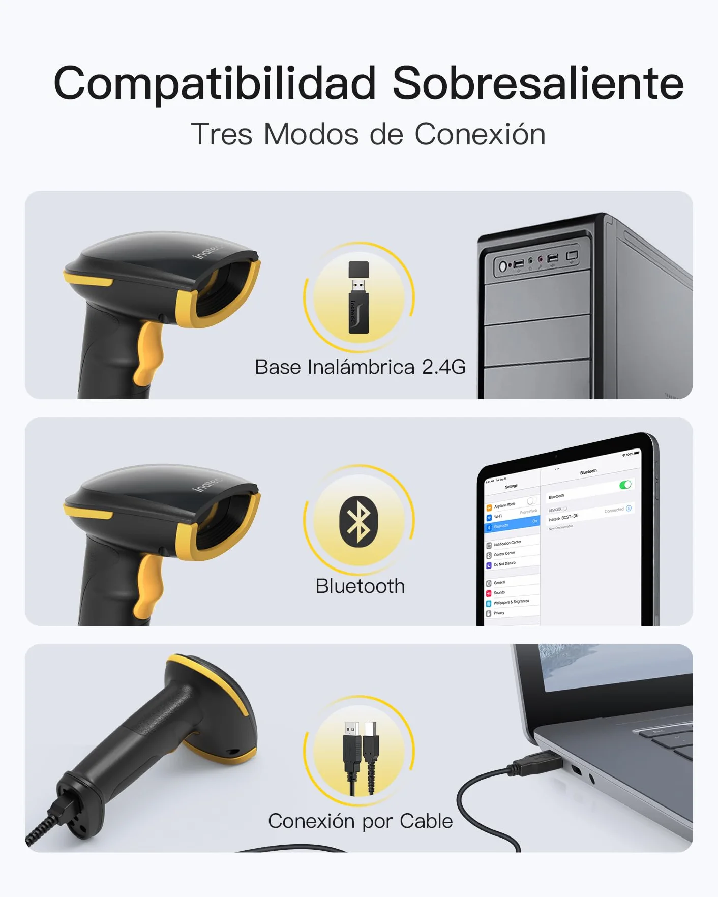 Inateck Escáner de Código de Barras 2D con Soporte Inteligente, Lector Codigo Barras Inalambrico, Barcode Scanner con App y SDK, Imager 2D con Batería de 2600mAh, BCST-35