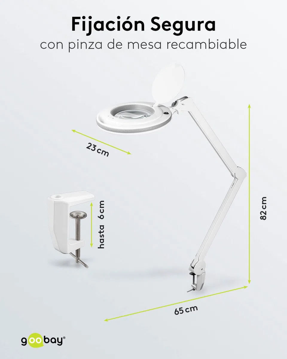 goobay 60362 Lámpara lupa LED con pinza / 9 W de consumo/lente de cristal de 127 mm/temperatura de color 6400 K / 1,75 aumentos/flujo luminoso 83-730 lumen/blanco