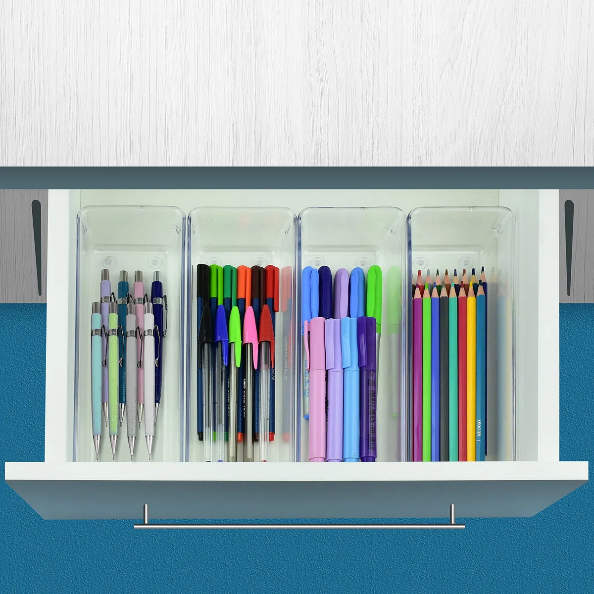Acrimet Organizador de Cajón Modular, Bandejas de Almacenamiento en Caja para Oficina, Hogar, Maquillaje, Cocina, Cajón de Trastos (4 Piezas) (Plástico Transparente de Cristal)