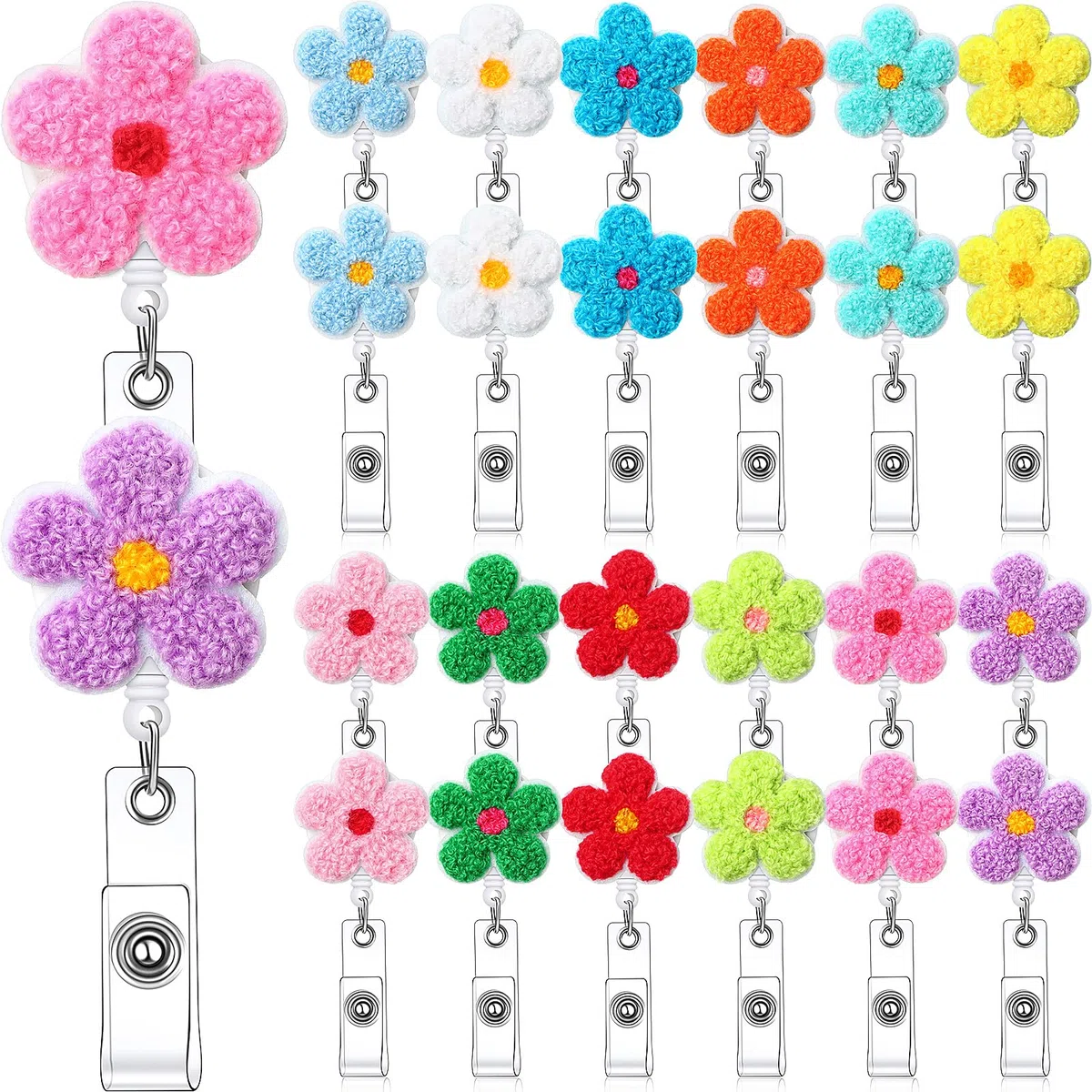 Wavwavw 24 carretes retráctiles de insignia de flores de primavera para enfermera, bonito soporte de insignia de fieltro con clip de cocodrilo, accesorios para enfermeras, profesores, estudiantes,