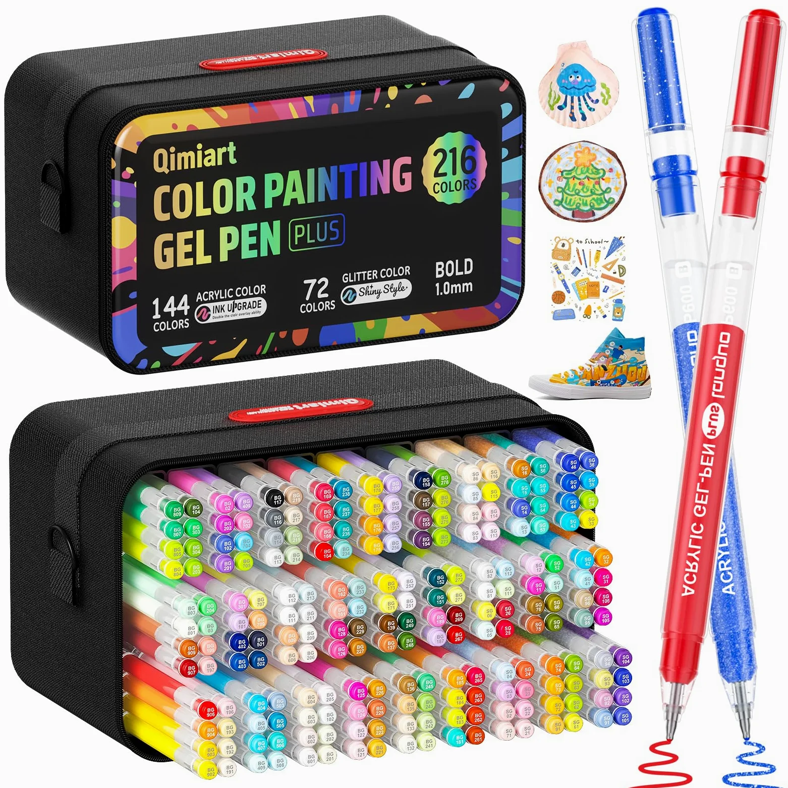 TrendGate 216 bolígrafos Acrílicos de Gel, 144 Acrilicos + 72 Purpurina | Punta de 1 mm, Se utiliza para dibujar y escribir sobre diversas superficies como lienzo, tela y papel