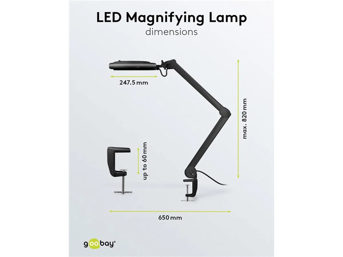 goobay 64988 Lámpara aumento LED 9W 730lm/ pinza/lente cristal 127mm 1,75 aumentos lupa trabajo cosmética, soldadura, manualidades, leer/brazo articulado/lámpara sobremesa