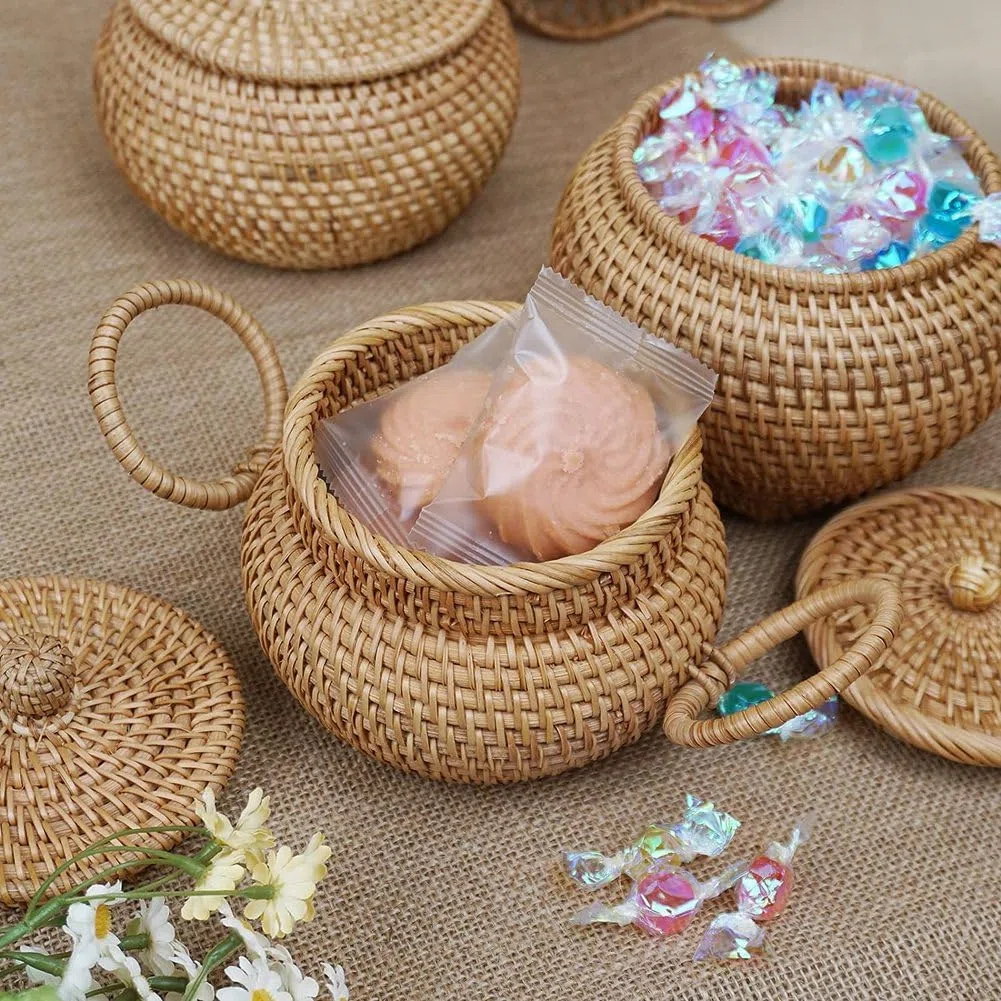 Cesta redonda de ratán con tapa, cesta de almacenamiento de ratán, para caramelos, agujas e hilo, llaves, monedas y objetos pequeños, organizador de joyas, cesta de aperitivos, organizador de