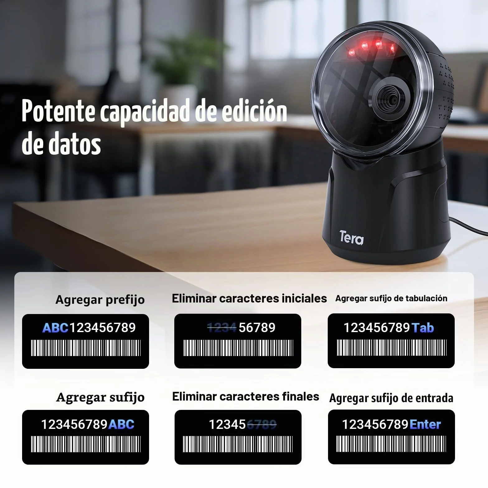 Tera Escáner de código de Barras 1D 2D QR USB Manos Libres Model 9000
