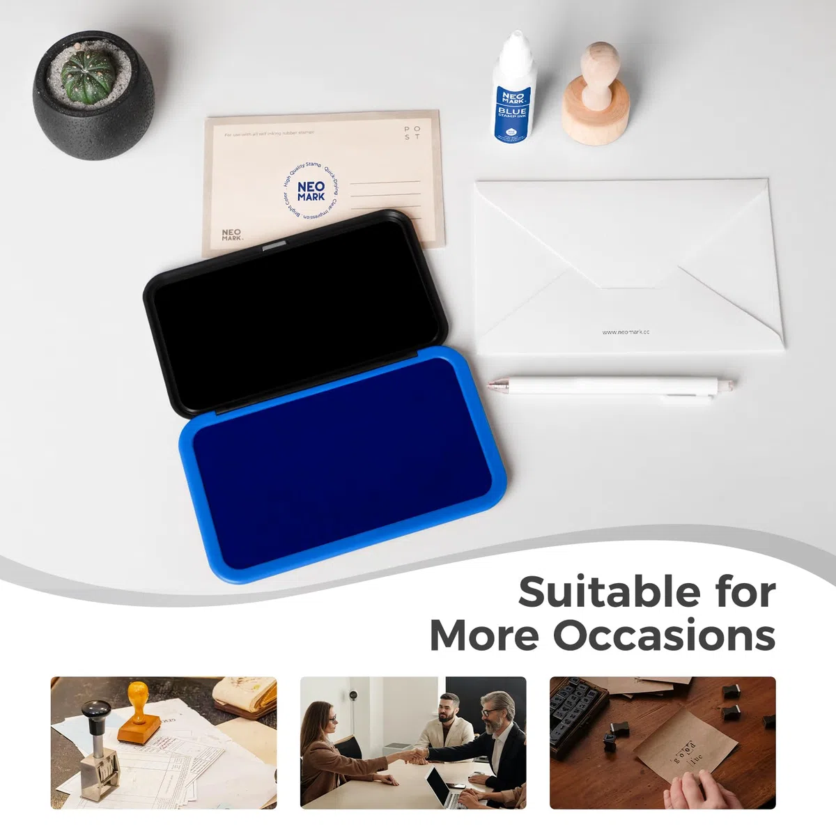 NEO MARK Kit de almohadillas de sello azul grande (tinta de 1 onza incluida), innovador diseño de tapa magnética, almohadilla de fieltro de alta calidad para oficina y hogar, 3.50 x 6.25 pulgadas