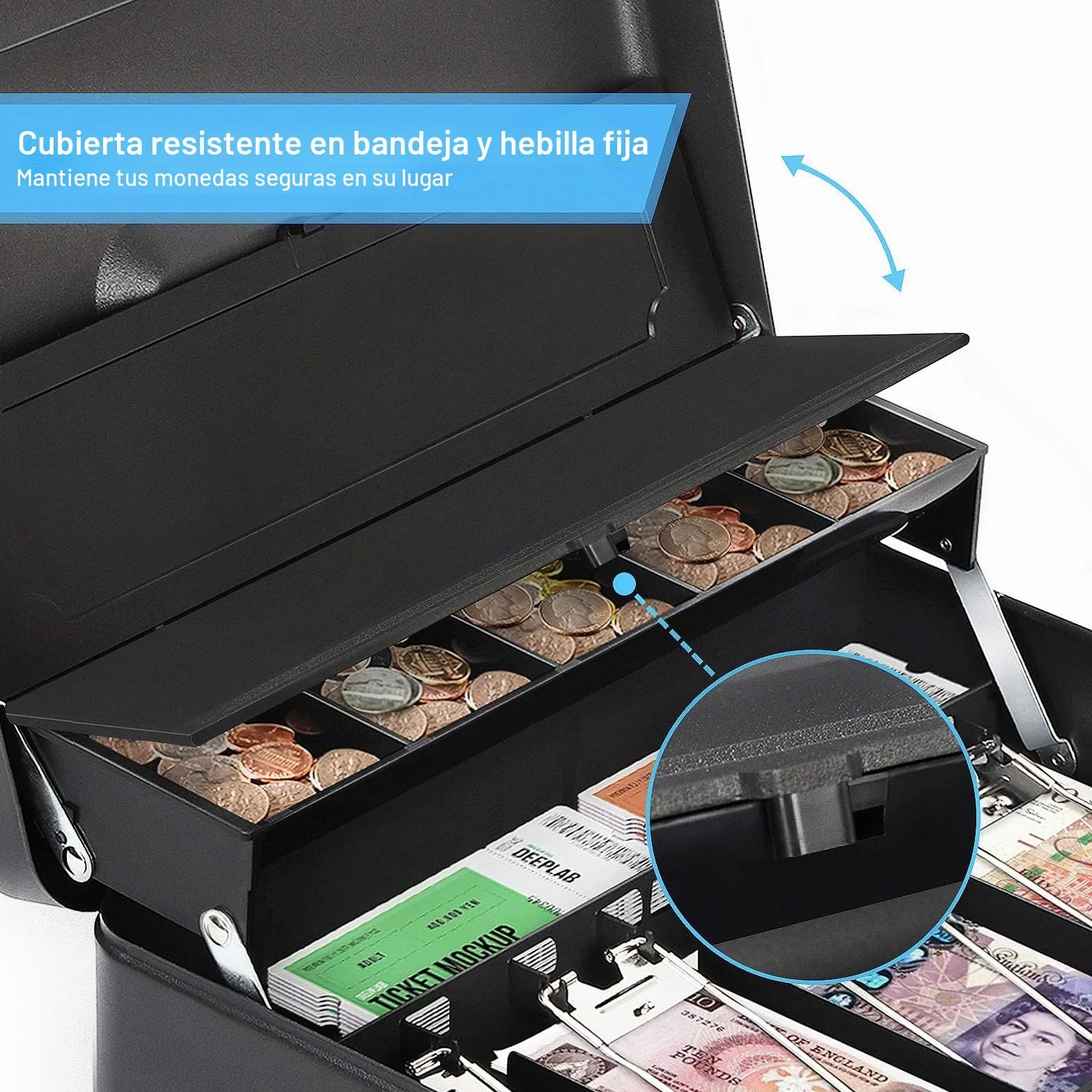 HAITRAL Caja Dinero con Llave, Caja de Seguridad de Metal, Caja de efectivo bloqueable, con 5 Compartimentos Monedas y 4 Compartimentos Billetes, Caja fuerte portatil, 30 x 24 x 9 cm, Negro