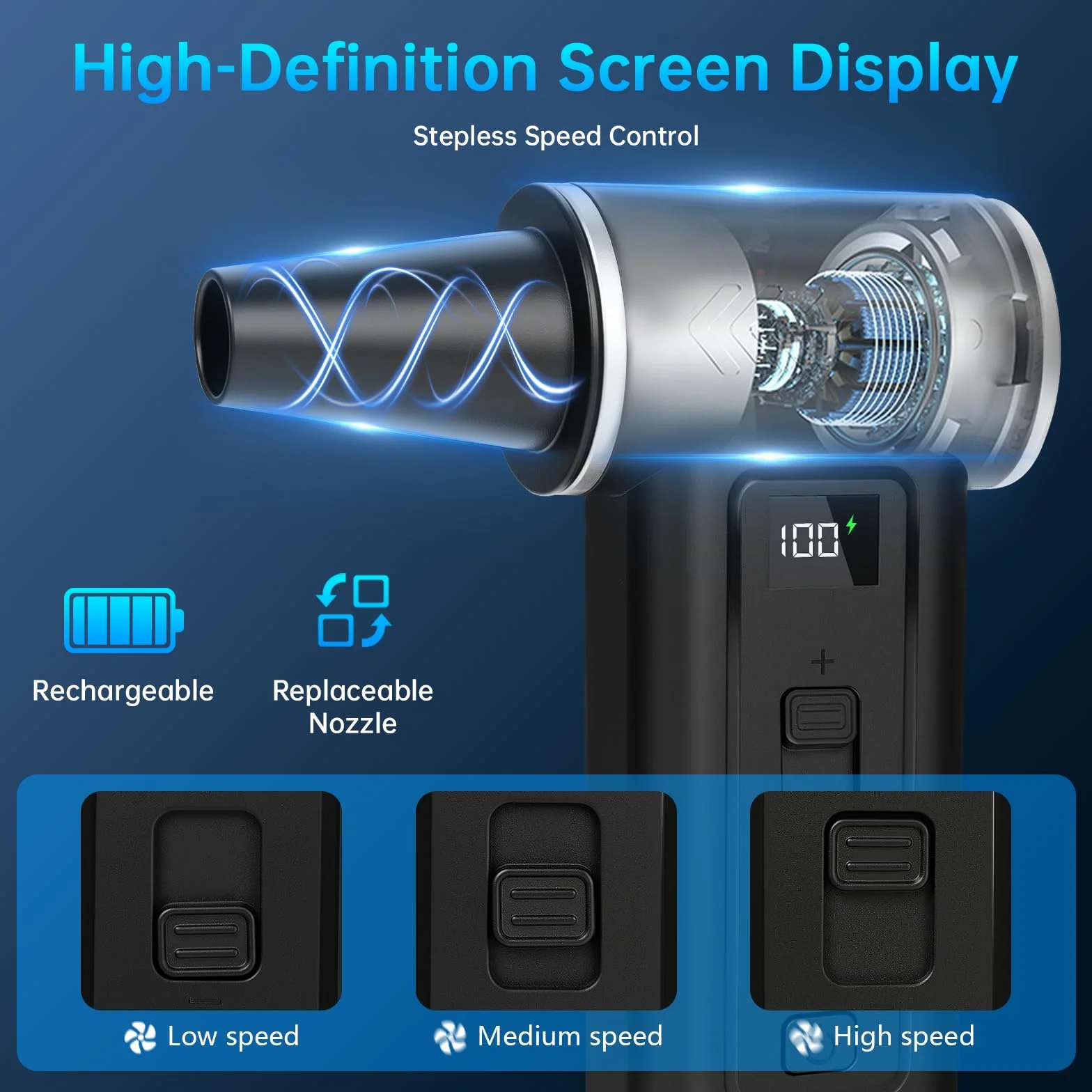 Soplador de Aire Comprimido 2 en 1 Soplador de Polvo Eléctrico y Aspirador 180000 RPM, Batería 8000mAh, 100 Niveles de Velocidad, Pantalla Digital, Limpieza de PC, Teclado y Coche, USB-C (Negro)