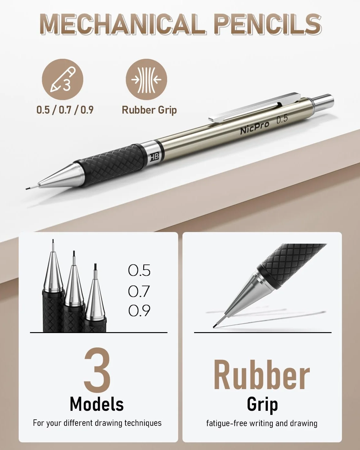 Nicpro 6 Piezas Lápices Mecánicos arte en Estuche Cuero, 0,5mm 0,7mm 0,9mm y 3 piezas 2 mm Portaminas con Recarga minas de Lápiz 16 Tubos (Negro 6B 4B 2B HB 2H 4H y Colores Minas)