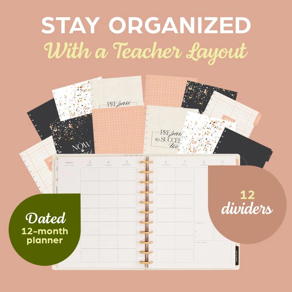 Happy Planner - Planificador encuadernado en disco de julio de 2026 a junio de 2027, tamaño grande | Incluye 3 meses adicionales y 2 hojas de calcomanías, 8.5 x 11 pulgadas, diseño para profesores, tema suave y moderno