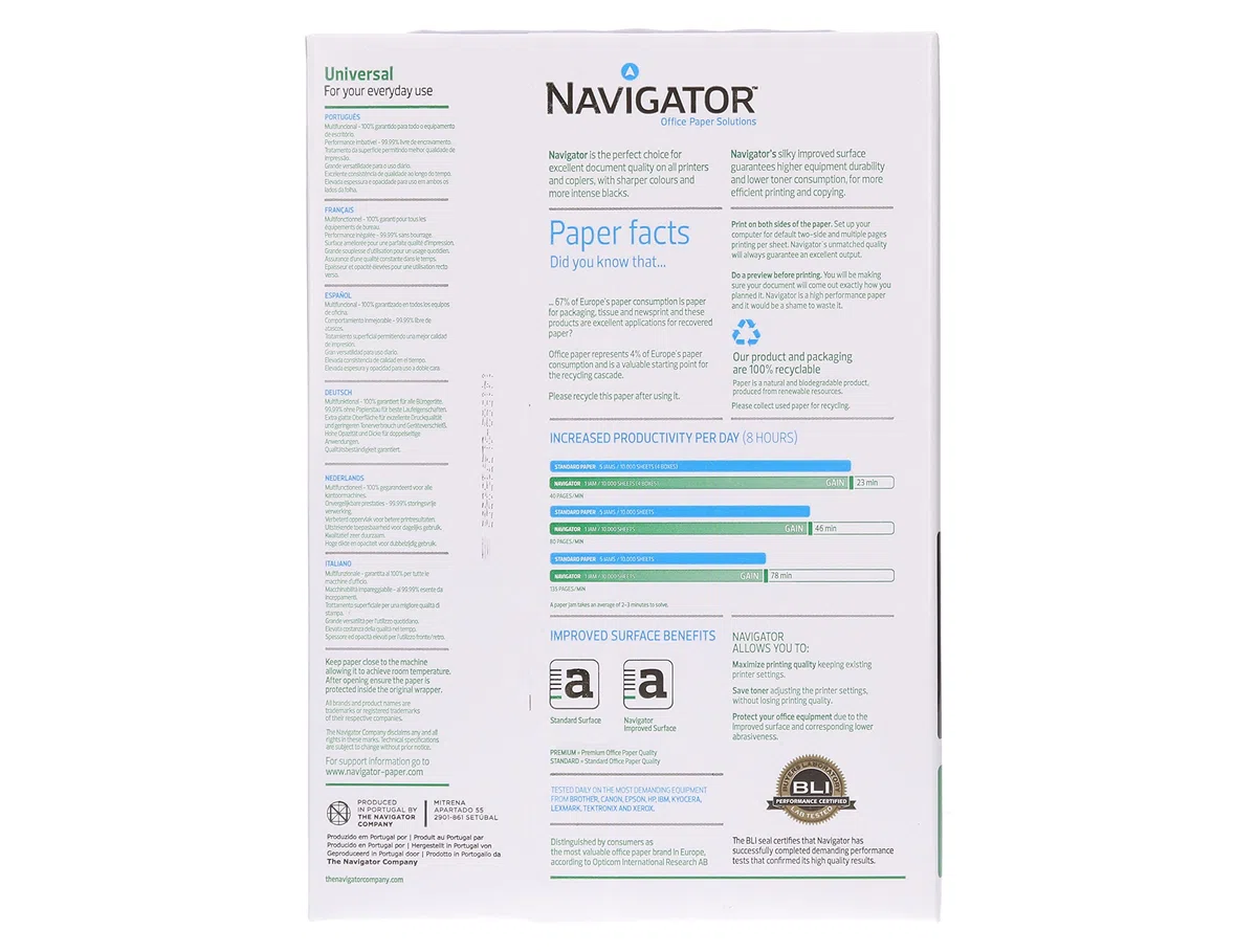 Papel Navigator DIN A4 multifunción 80gr - 5 paquetes (2.500 folios) - compatible con impresoras de inyección de tinta e impresoras Laser.