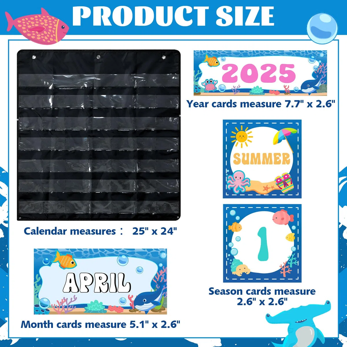 AmazingSpark Calendario de aula con calendario de bolsillo, calendario oceánico, tablón de anuncios con bolsillo, tabla meteorológica para decoración de aula, suministros de regreso a la escuela