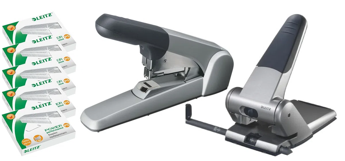Leitz Perforadora extrafuerte, para 65 hojas, Silber | Set mit Hefter und Klammern, 1