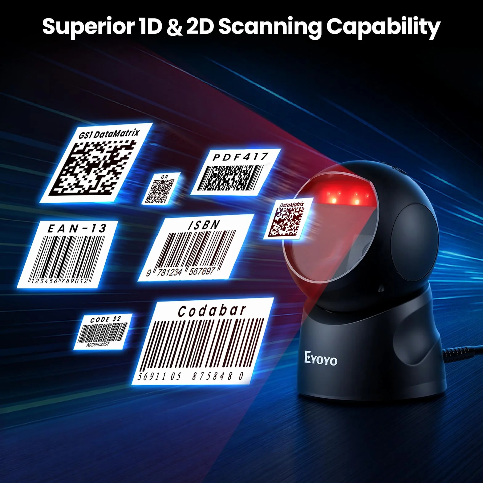 Escáner de códigos de barras de escritorio USB Eyoyo, lector de códigos de barras automático omnidireccional manos libres 2D QR, escaneo con cable para PC, punto de venta, biblioteca, librería, minori