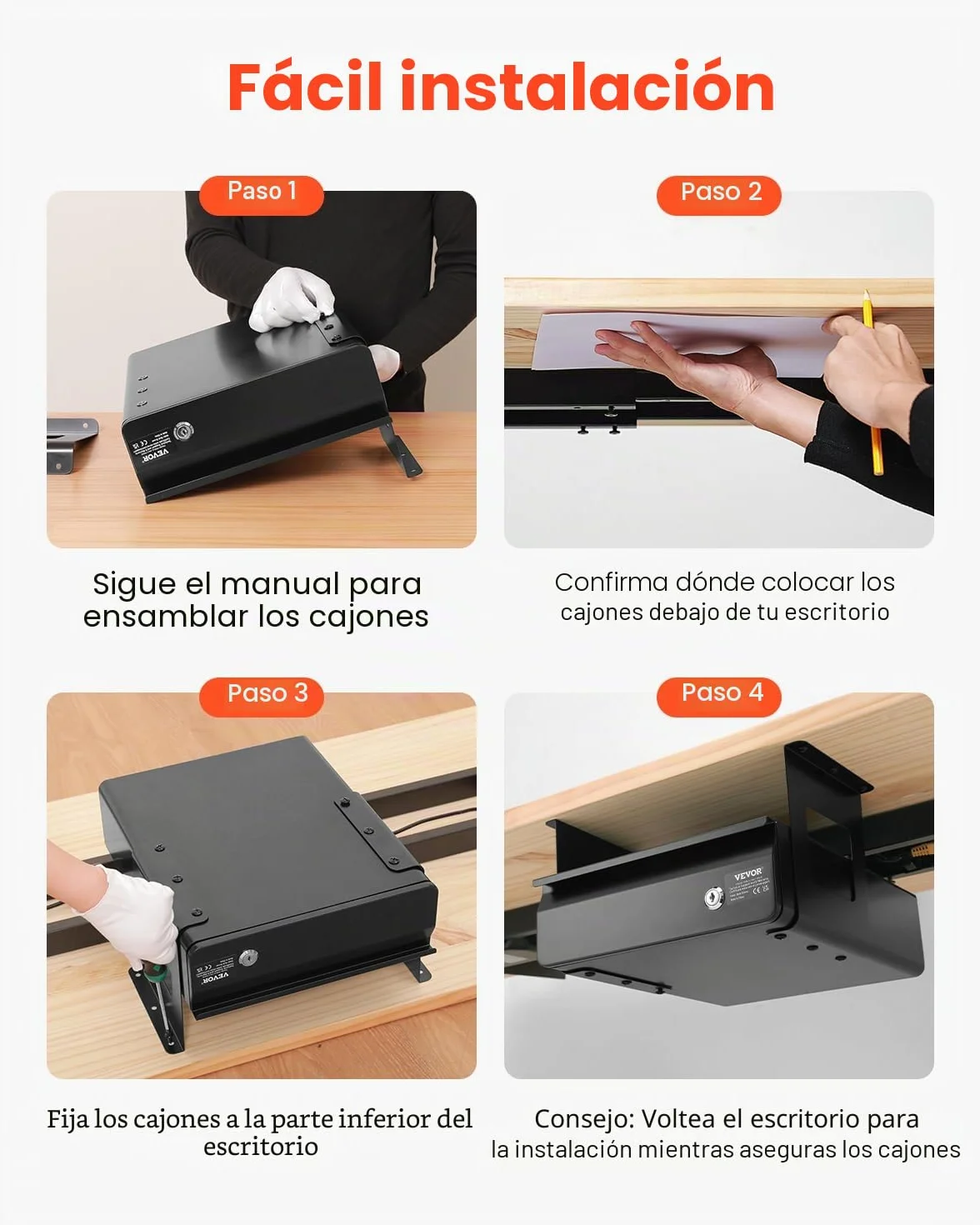 VEVOR Cajón Deslizable Debajo del Escritorio con Cerradura, Organizador de Almacenamiento Oculto, 365 x 335 x 185 mm