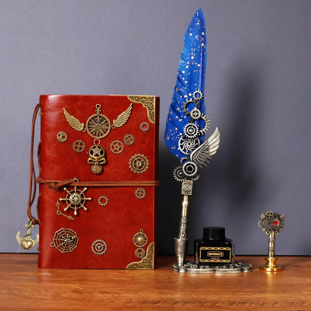 Juego de pluma de tinta de cuero cuaderno con pluma quill, 5 plumas intercambiables, sello de sello, cuchara, perlas, cera blanca, soporte para bolígrafos, taza, sobre, papelería (azul), Regalos